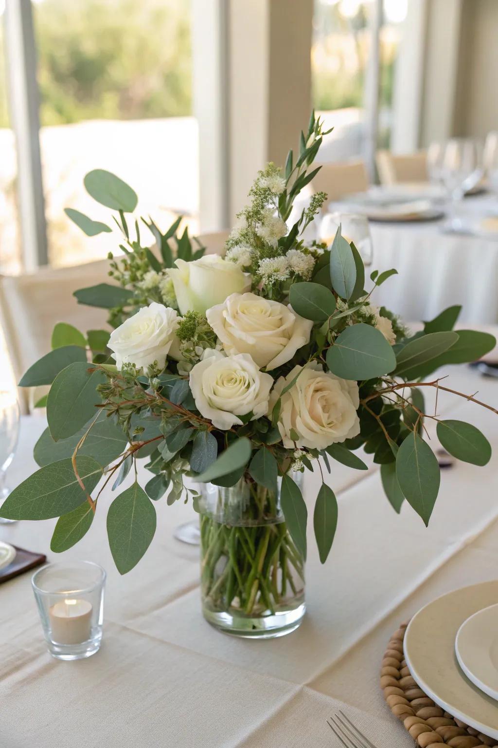 A timeless blend of sage green foliage and pure white flowers radiates sophisticated beauty.