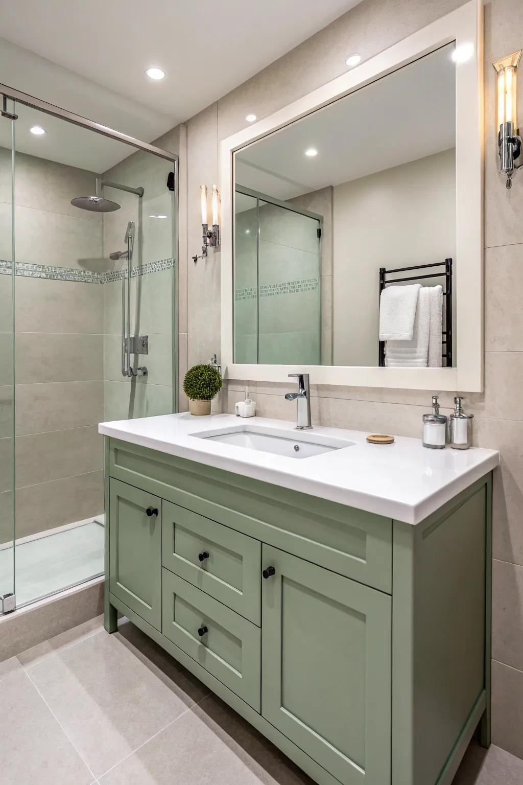 A modern bathroom design showcasing a streamlined sage green vanity paired with white countertops.