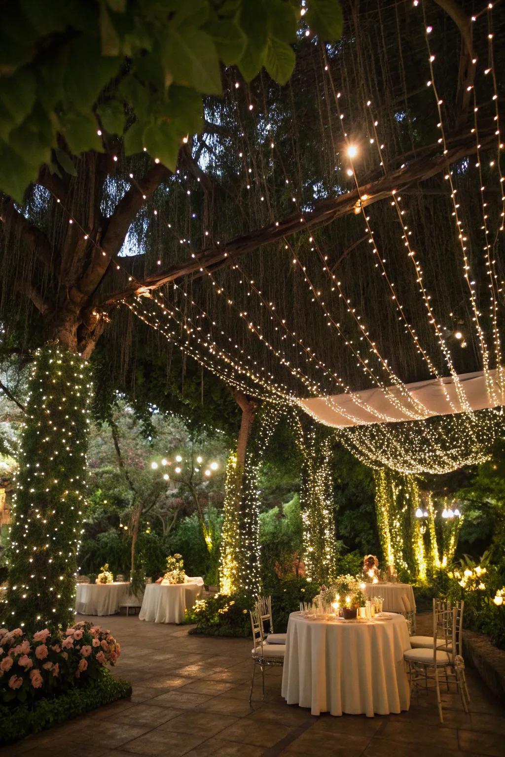 A lush garden scene aglow with charming twinkle lights.