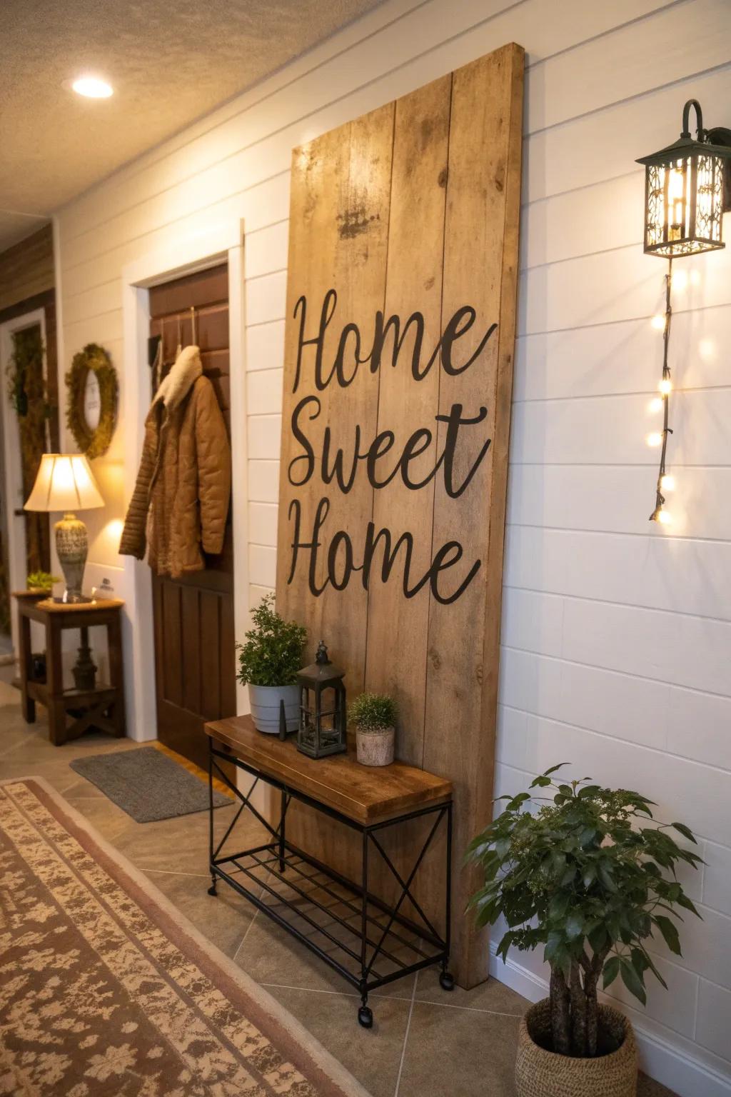 A warm welcome with a classic 'Home Sweet Home' sign.