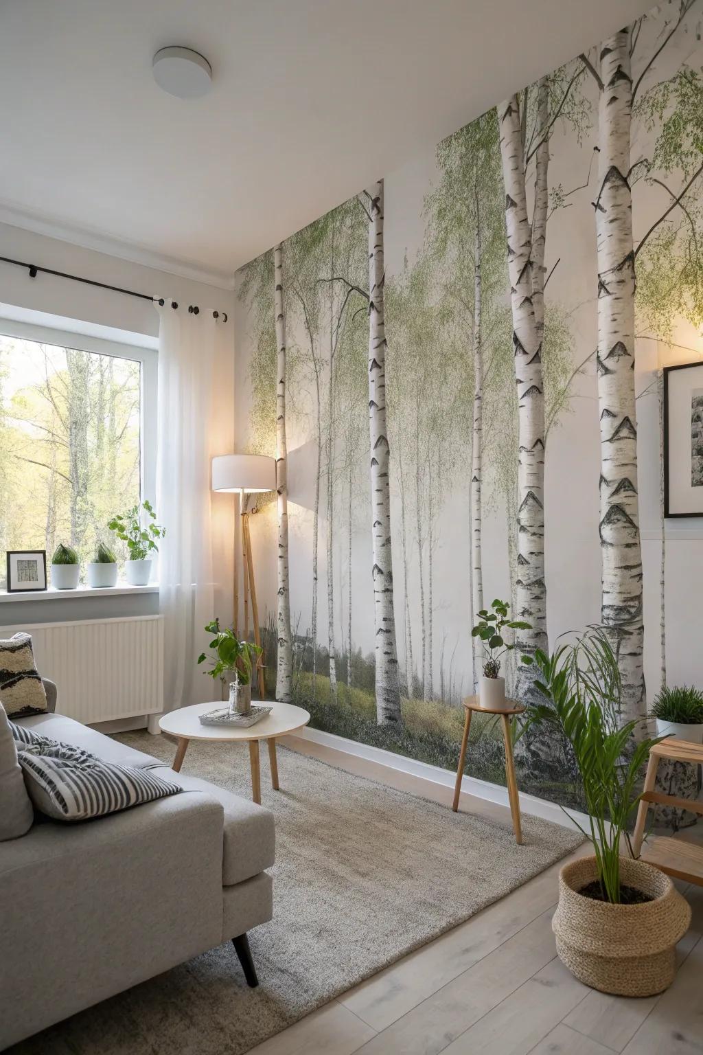 A Scandinavian lounge area featuring a nature-themed mural depicting timber