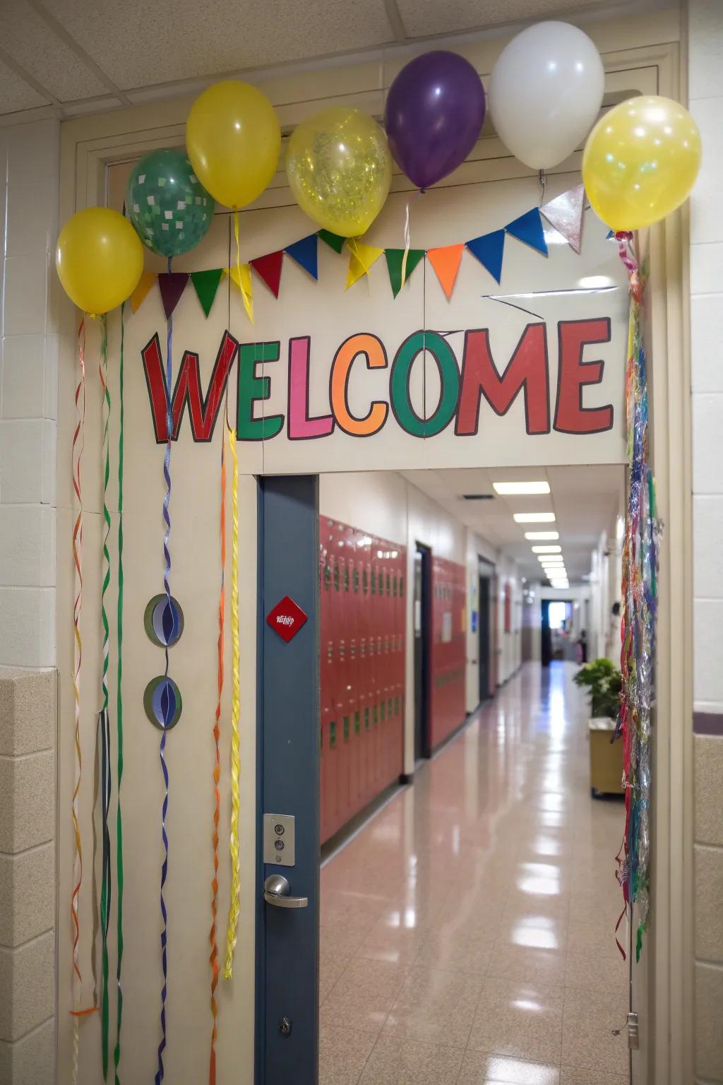 A lively classroom entrance featuring a warm welcome message and festive trimmings.