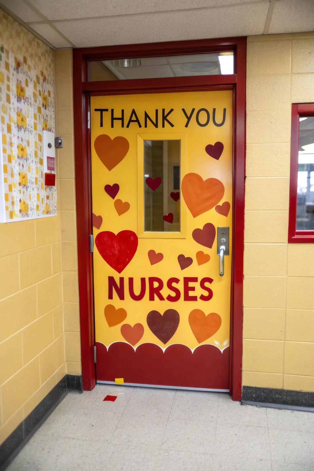 School nurse door is decorated with hearts and a sincere 'Thank You Nurses' message.