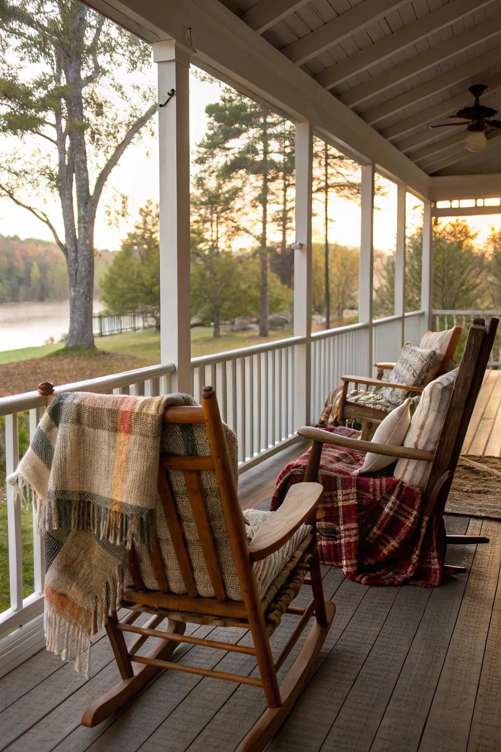 Timeless rockers on a screened-in porch craft a classic, welcoming vibe.