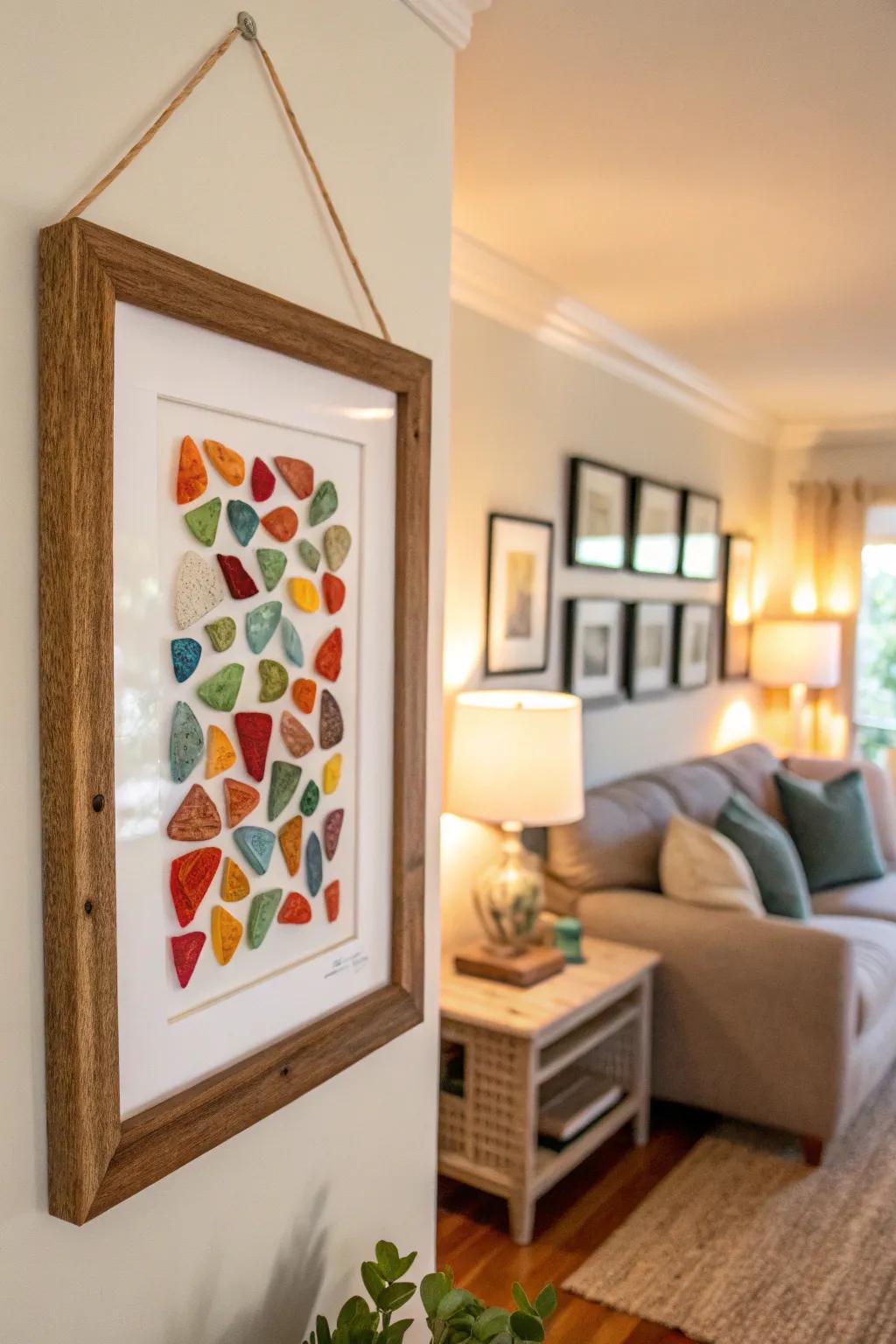 Framed sea glass art enlivens any room with color and texture.