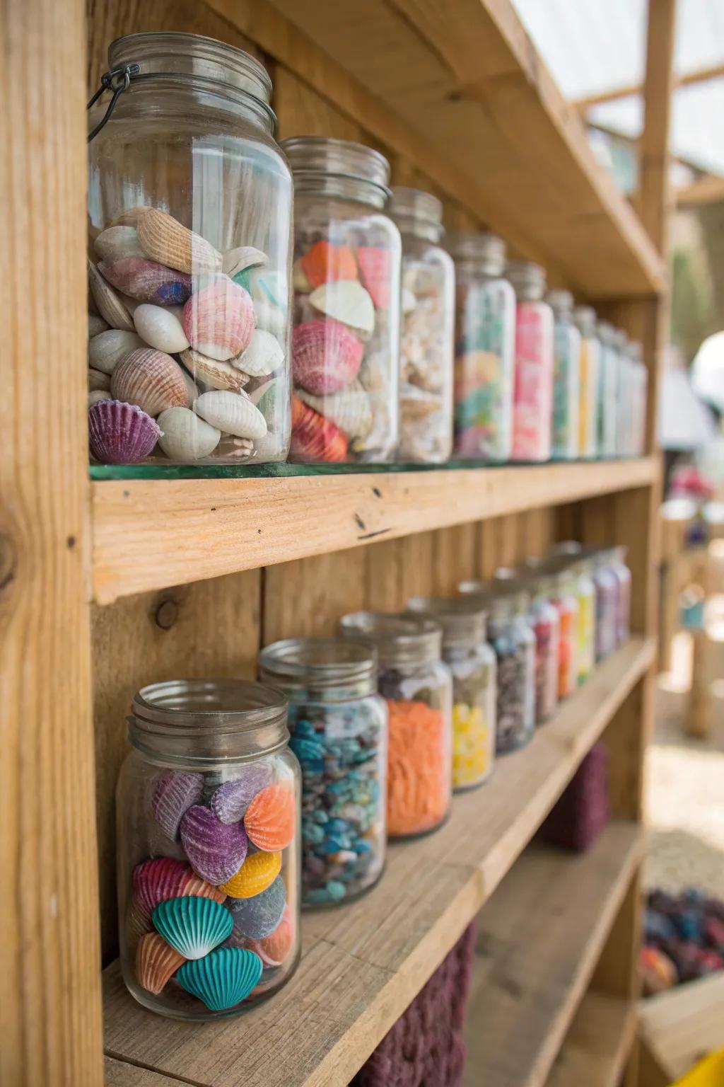 Glass vessels brimming with shells craft a dynamic and captivating focal point.