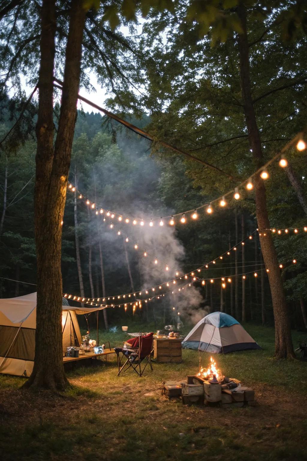 String lights transform a campsite into a magical retreat.