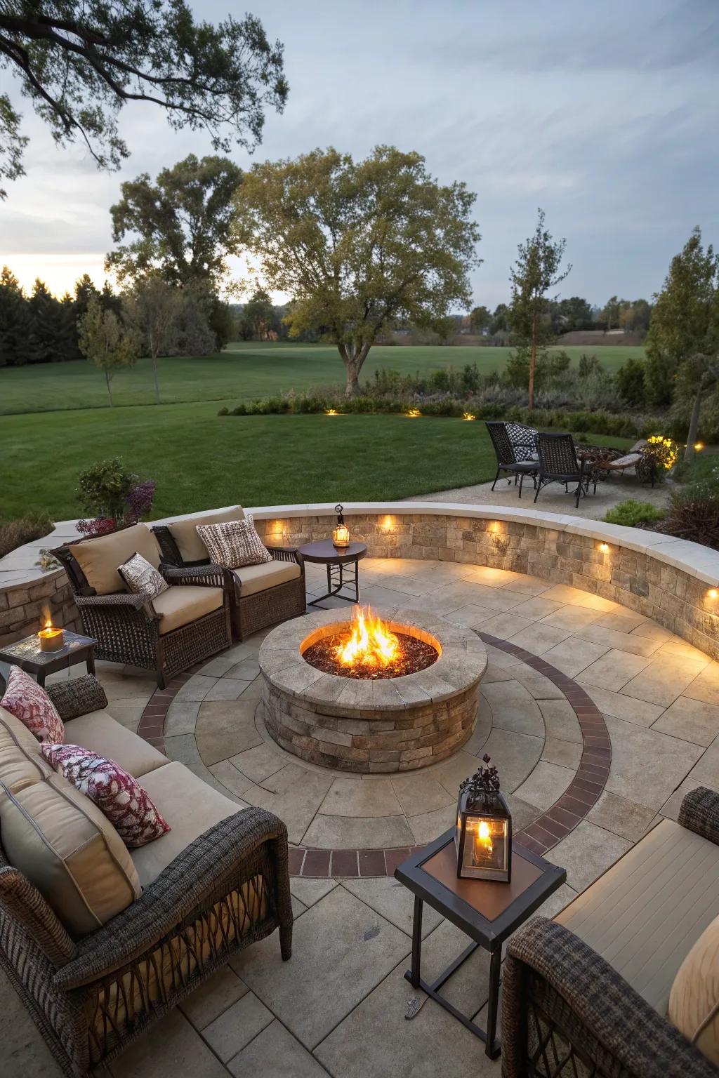 A semi-circle patio featuring a central blaze bowl, creating an inviting gathering atmosphere.