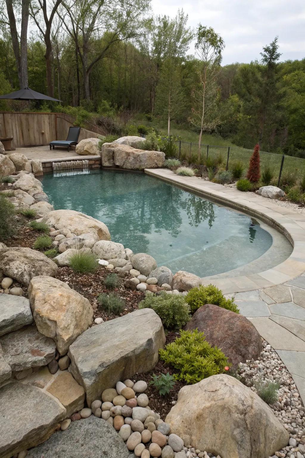 A semi-inground pool exquisitely enhanced by an adjacent stone garden.