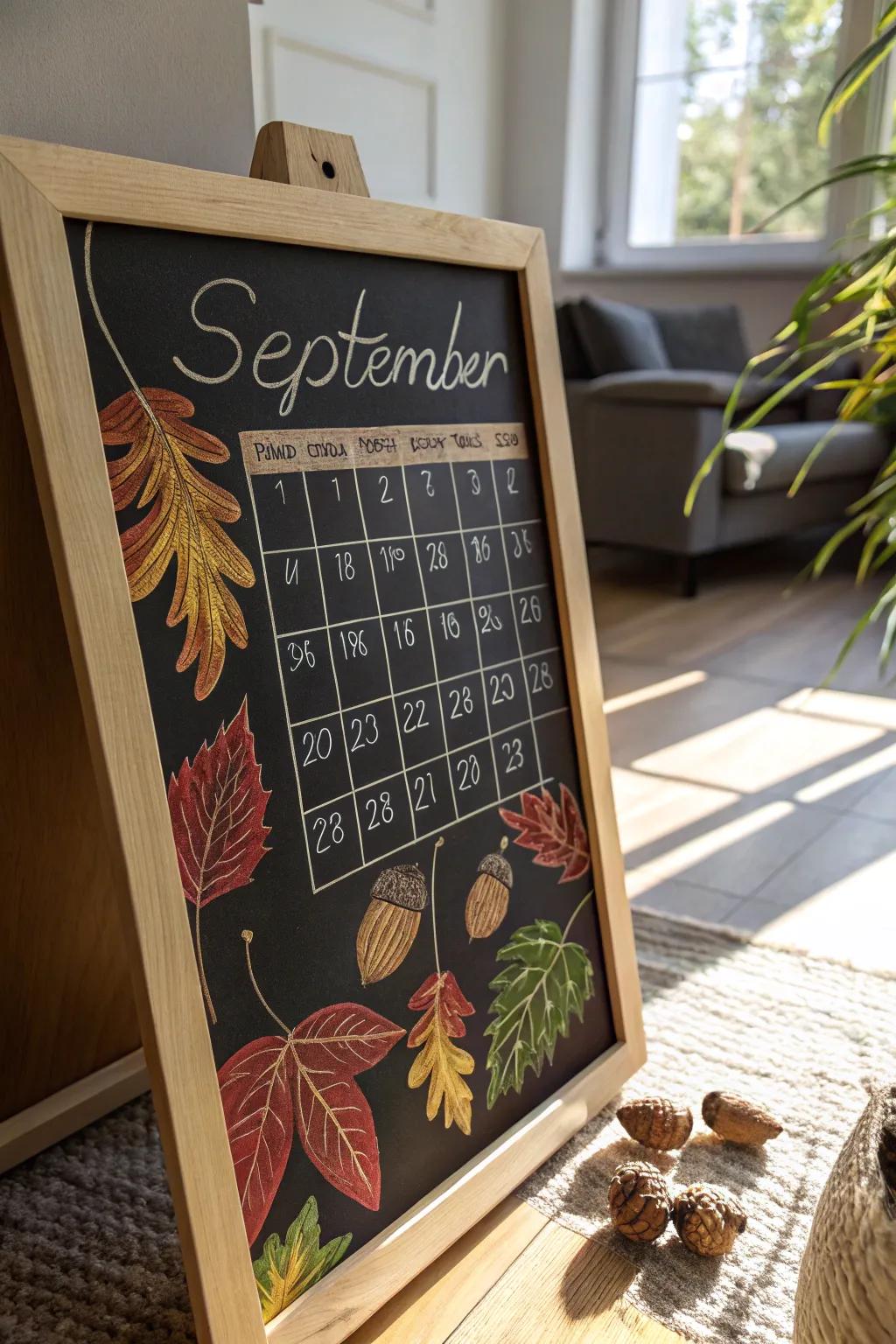 A charming September calendar on a chalkboard adorned with autumn leaves and acorns.