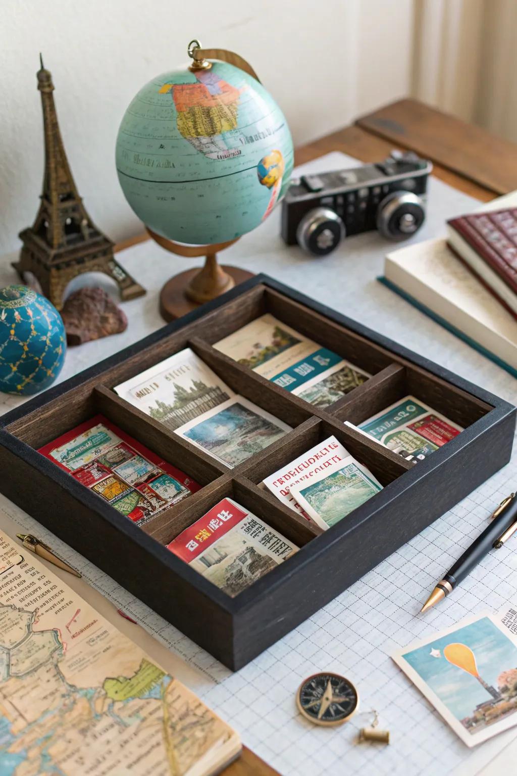 A travel memory shadow box showcasing cherished wanderlust treasures.