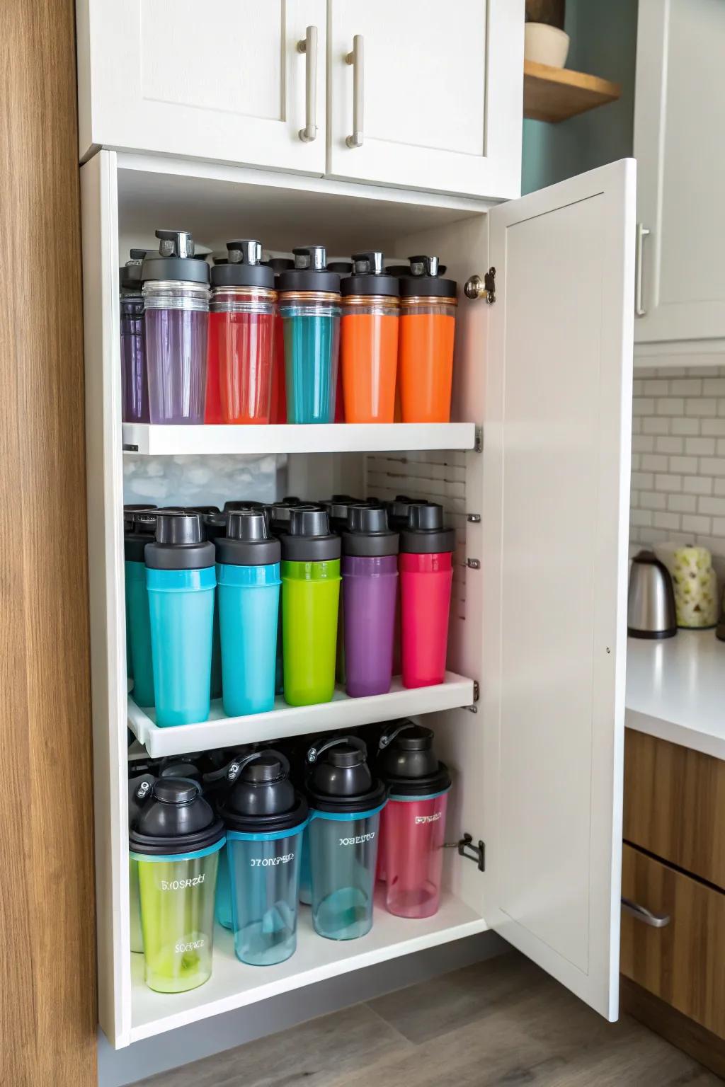 Neatly organized blending bottles in a kitchen cabinet using adjustable shelves.