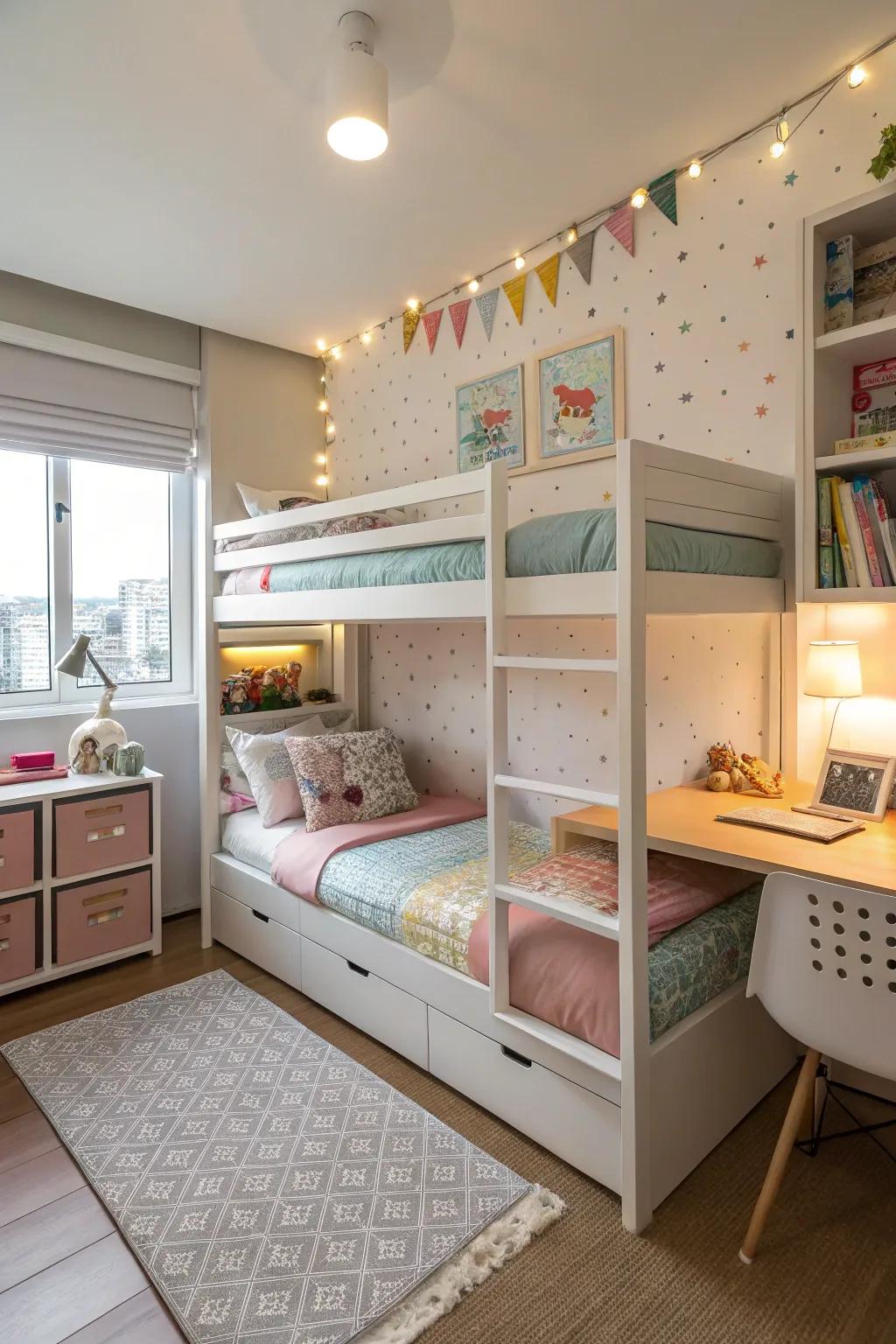 Strategic utilization of tiered sleep sanctuaries to unlock maximum floor area in a shared sibling room.