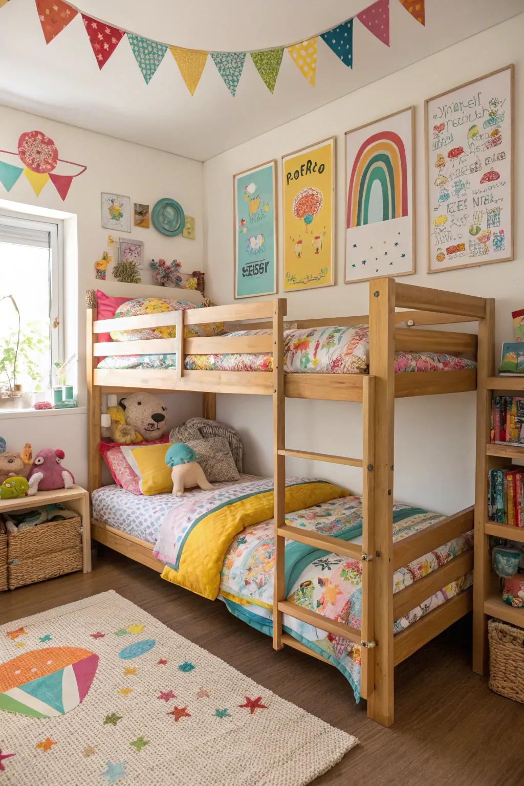 Multi-level sleep stations enhance space utilization and add a playful accent to the room.