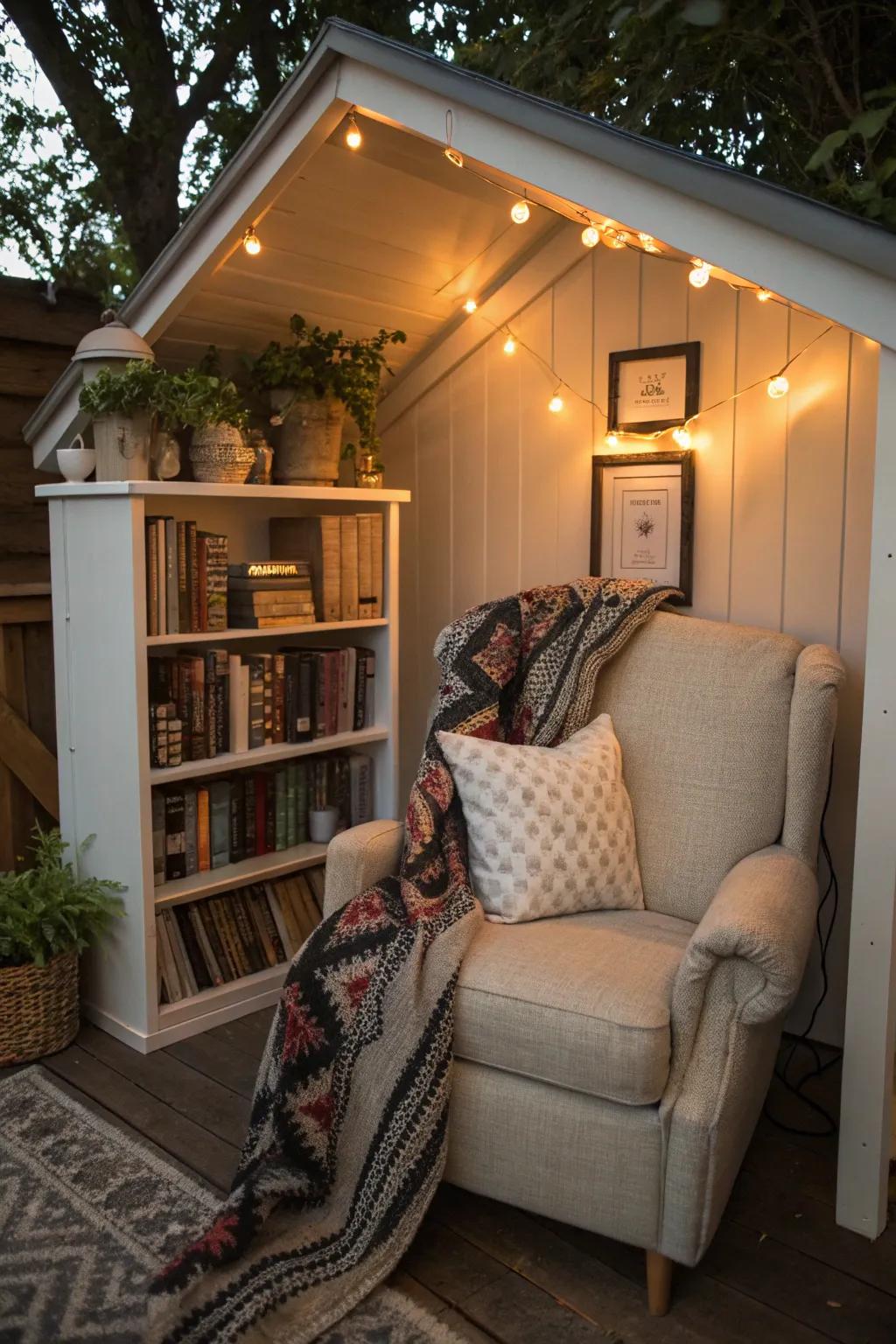 An inviting reading nook inside a she shed, perfect for those who cherish books.