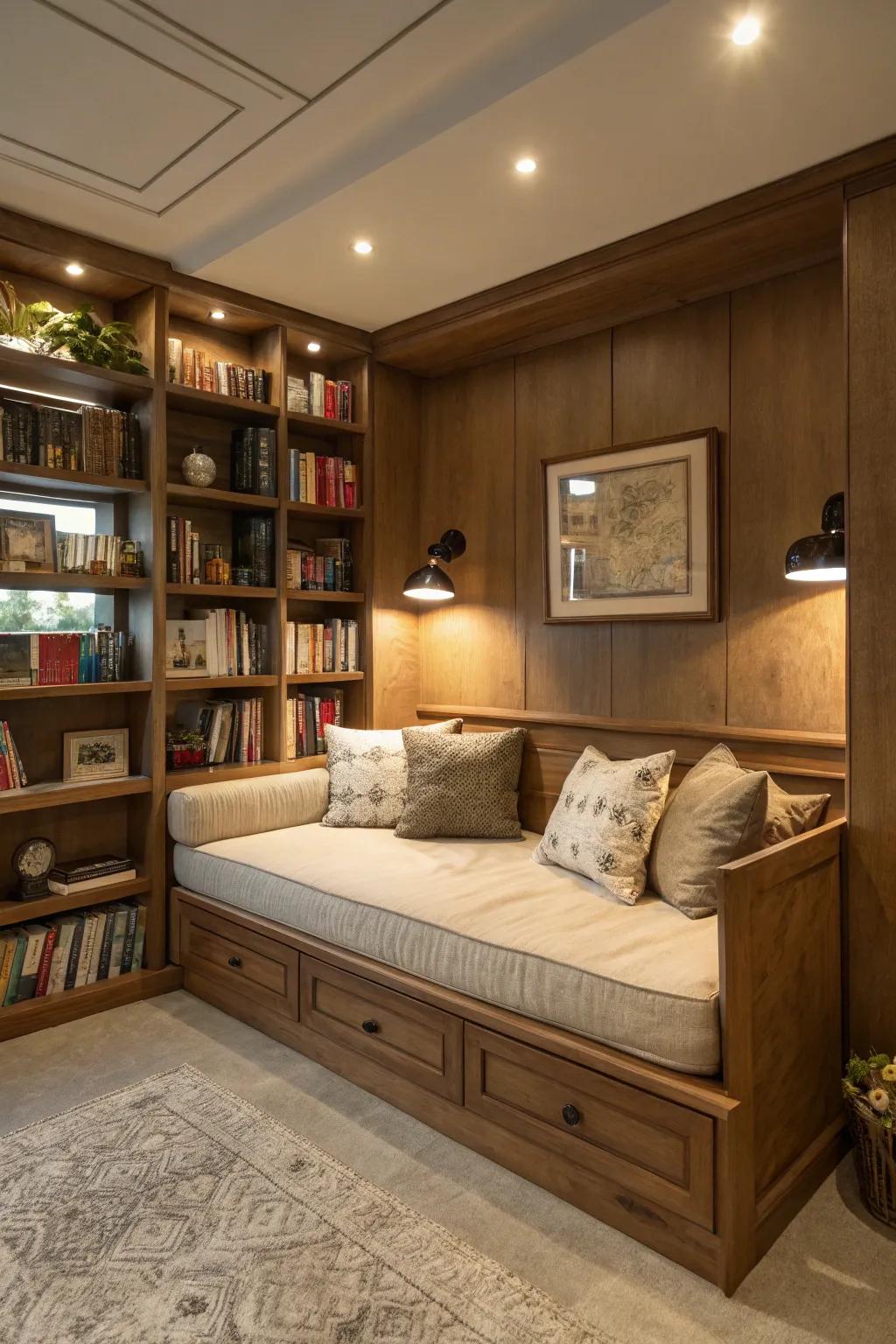 Design a comfortable reading corner in your she shed, complete with built-in bookshelves and a plush daybed.