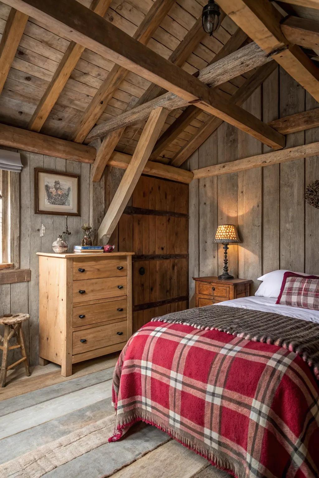 Rustic charm meets comfort with exposed beams and reclaimed wood decor.