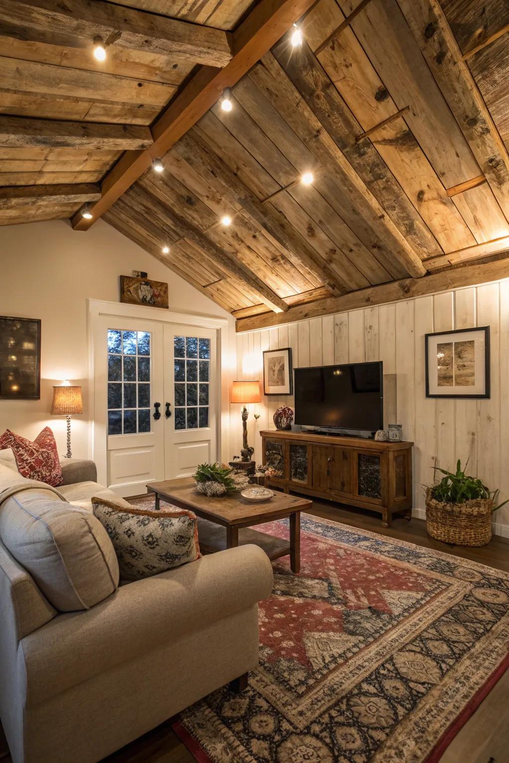 A welcoming living area enhanced by a magnificent natural wood shed ceiling.