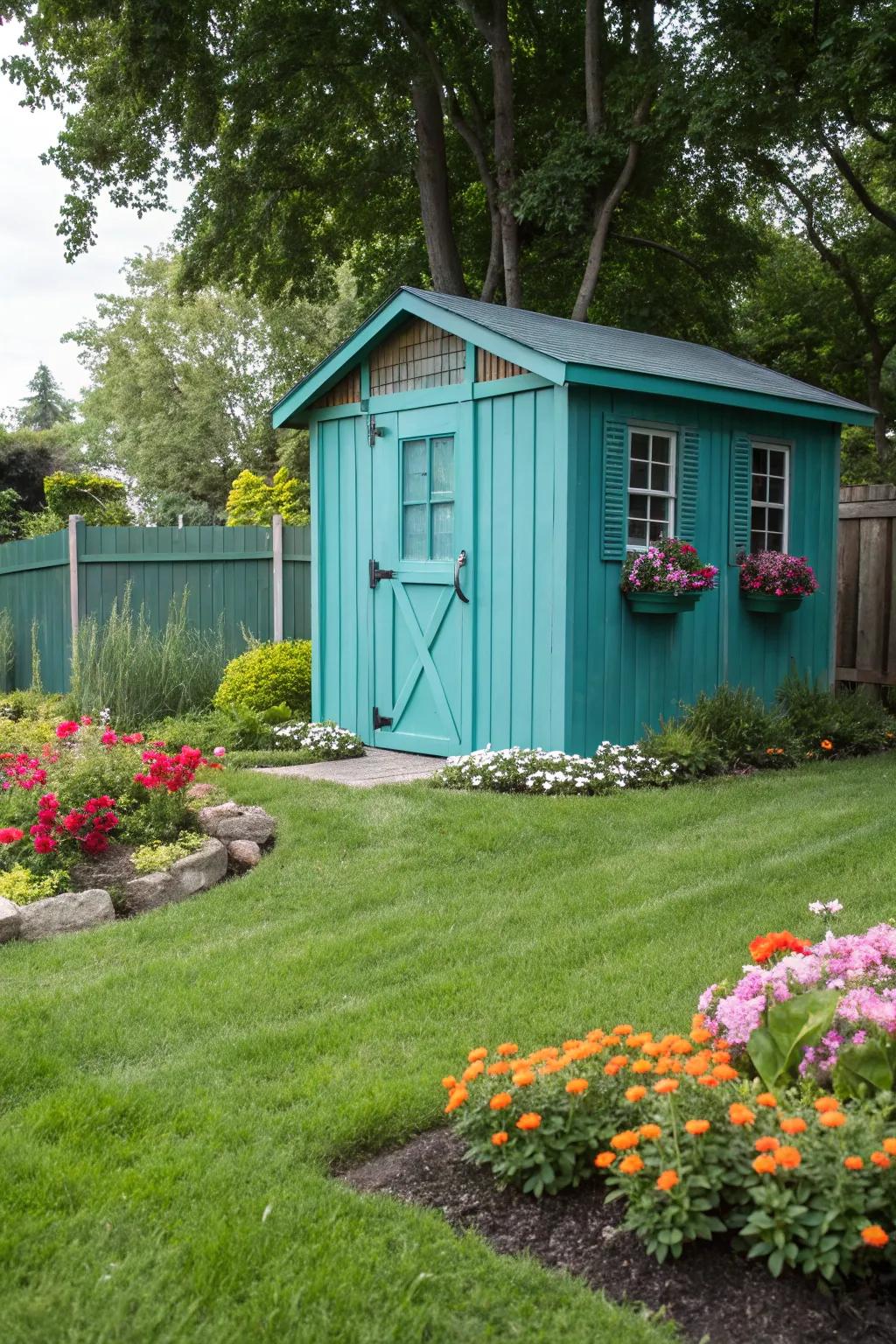 A storage building reinvented with a lively turquoise paint job.