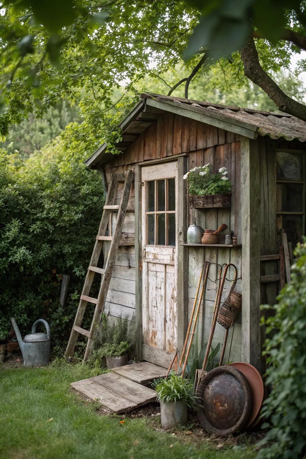 A countryside-inspired garden structure showcasing aged décor elements.
