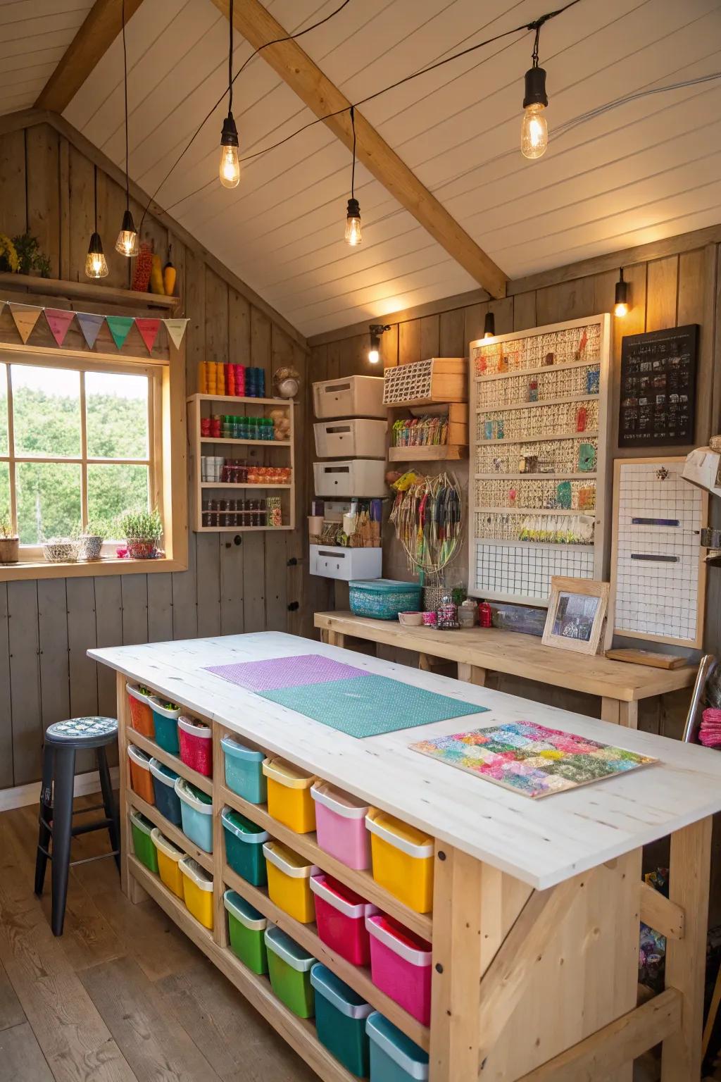 A studio shed brimming with organized materials and a spacious workbench, designed to spark creativity.