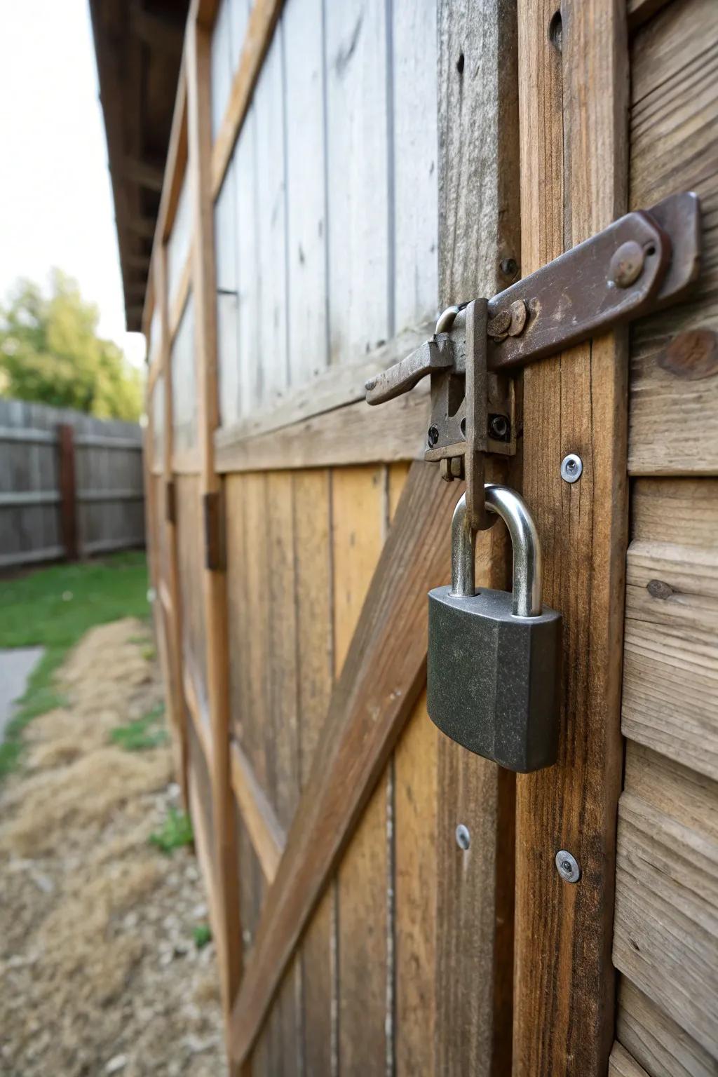 A stalwart lock stands sentinel on a shed door, symbolizing enhanced safety.
