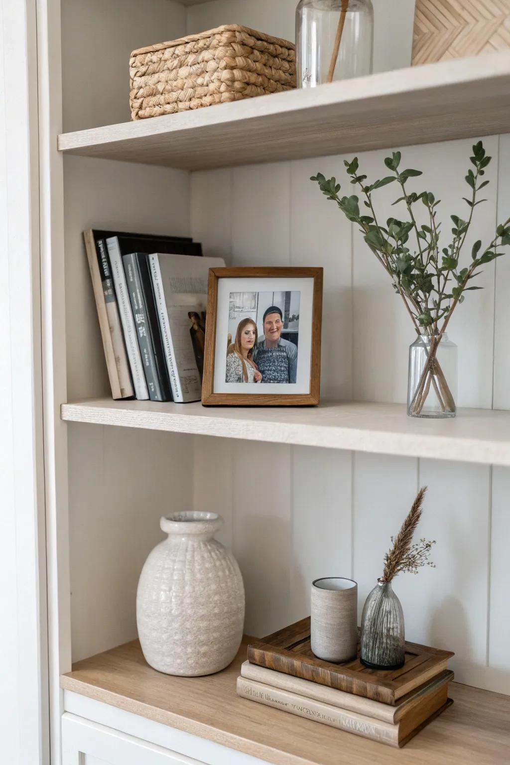 A minimalist shelf arrangement showcasing a few, carefully chosen decorative pieces in muted shades.