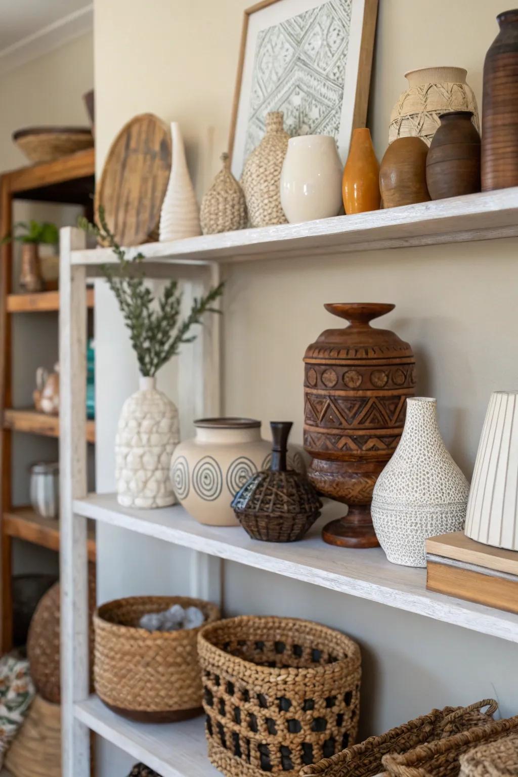 A shelf in a home showcasing a mix of clay vases and wooden statues for a textural appeal.