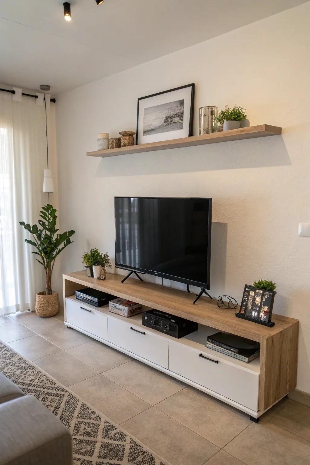 A minimalist floating shelf brings an element of sophistication above the TV.