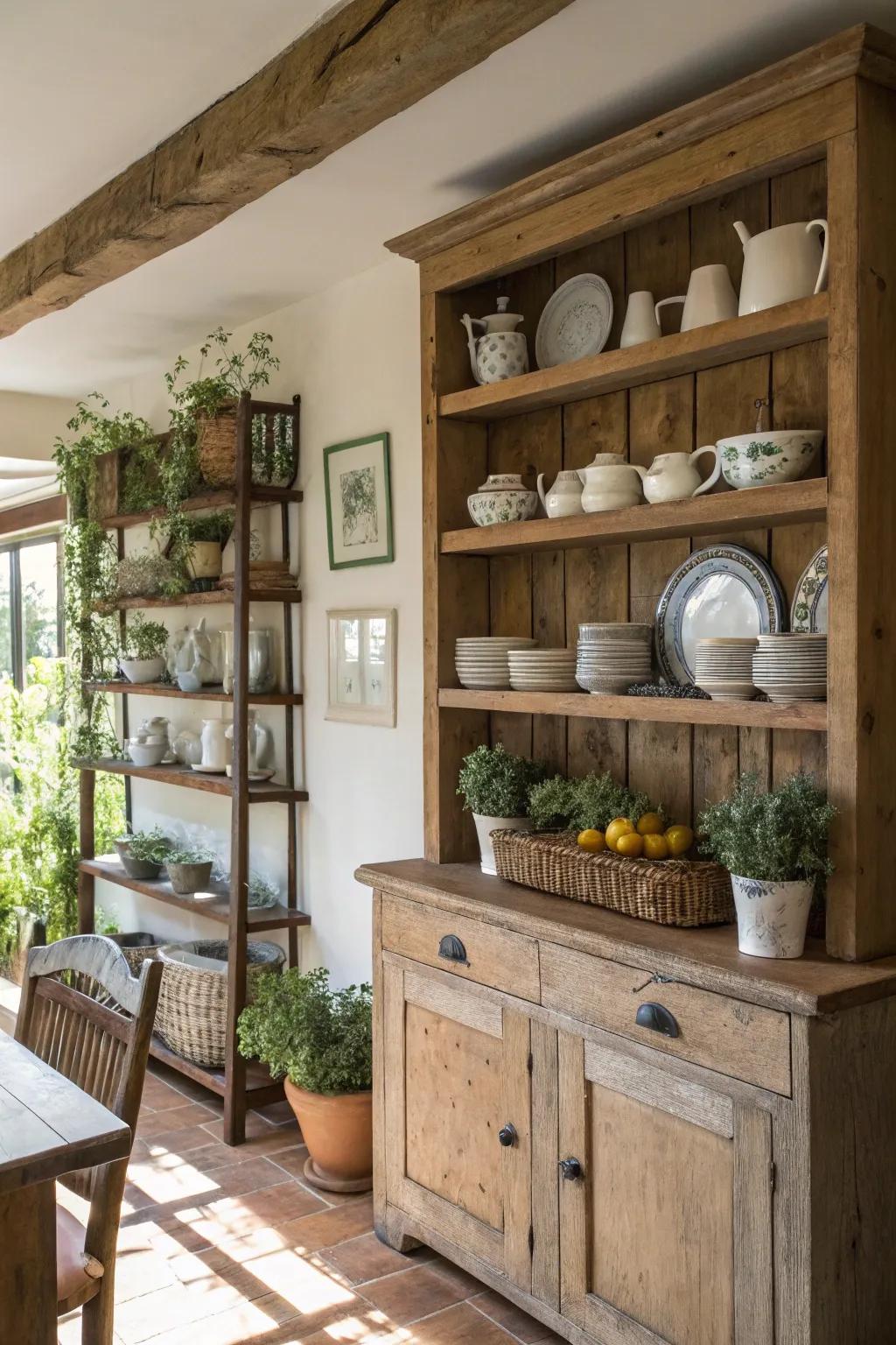 Charming rustic wooden shelves bringing a farmhouse touch to the dining space.