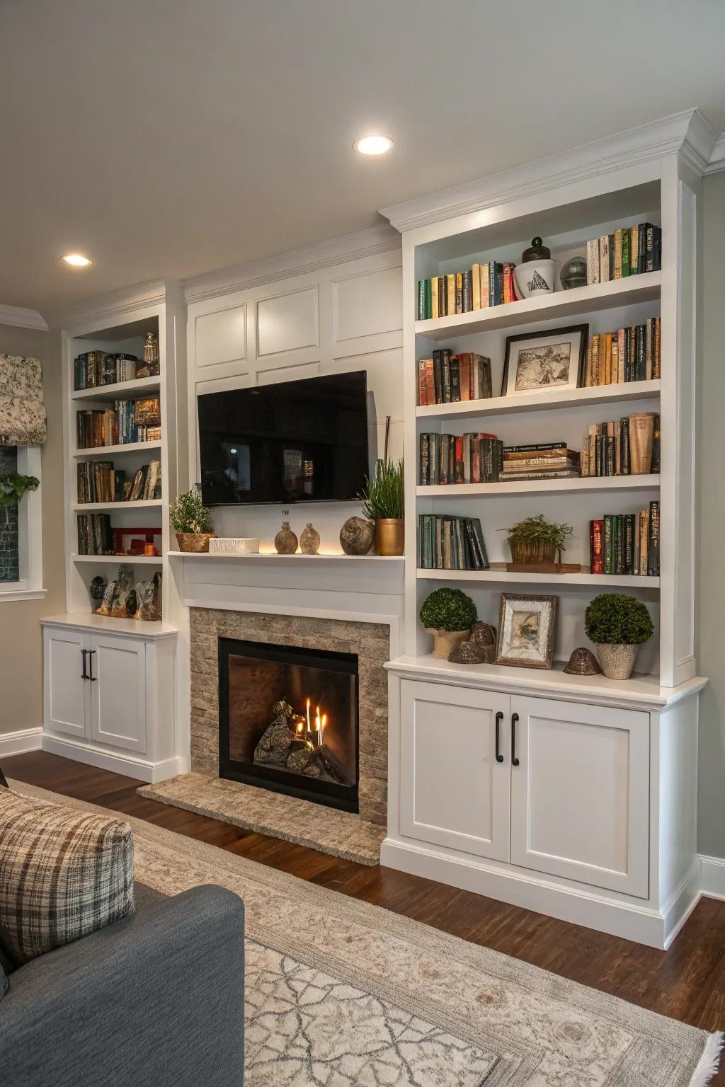 Symmetrical built-in shelves bring a sense of balance to the living space.