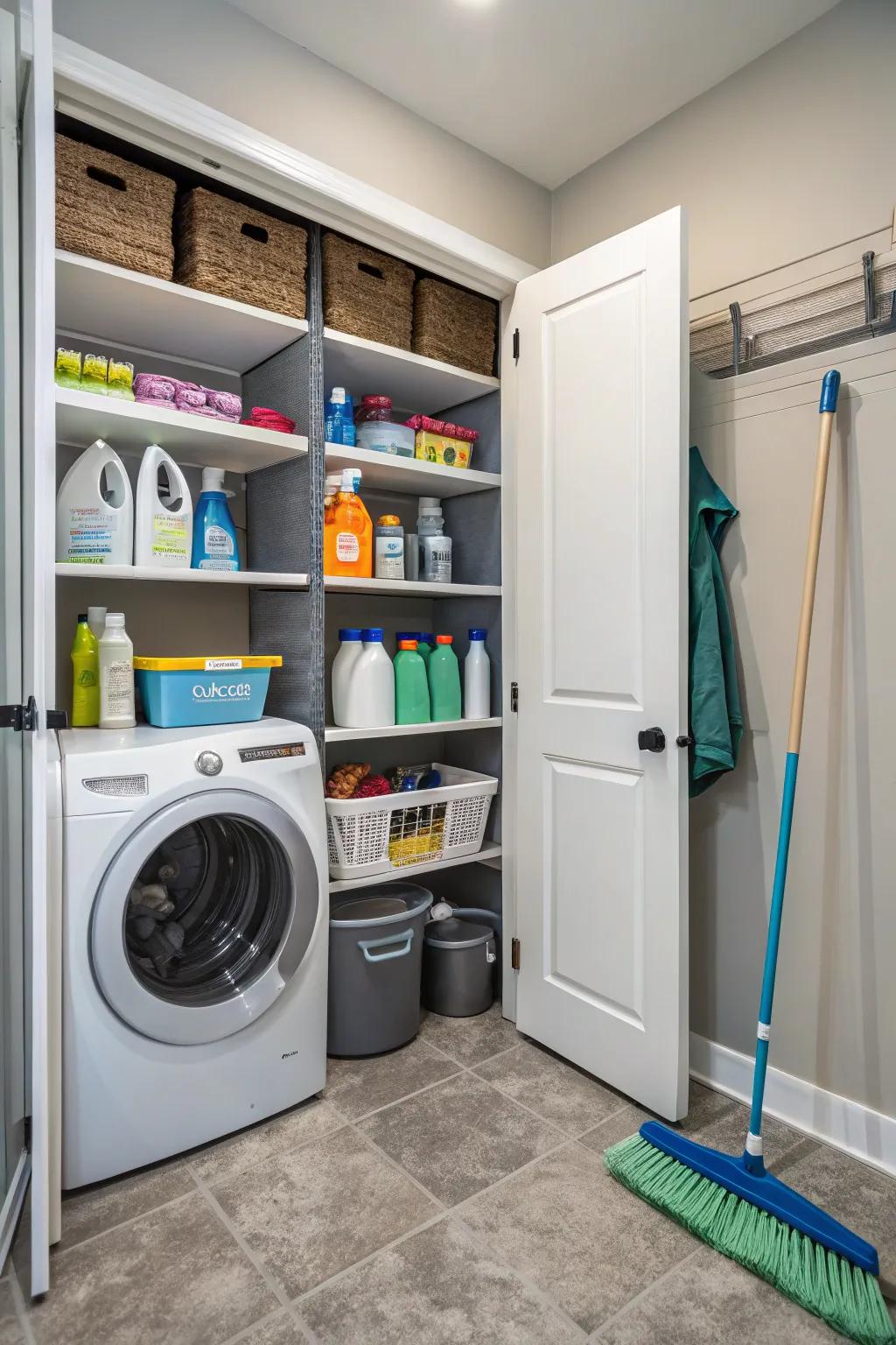Open shelving in a laundry room, showcasing neatly arranged cleaning supplies for easy access.