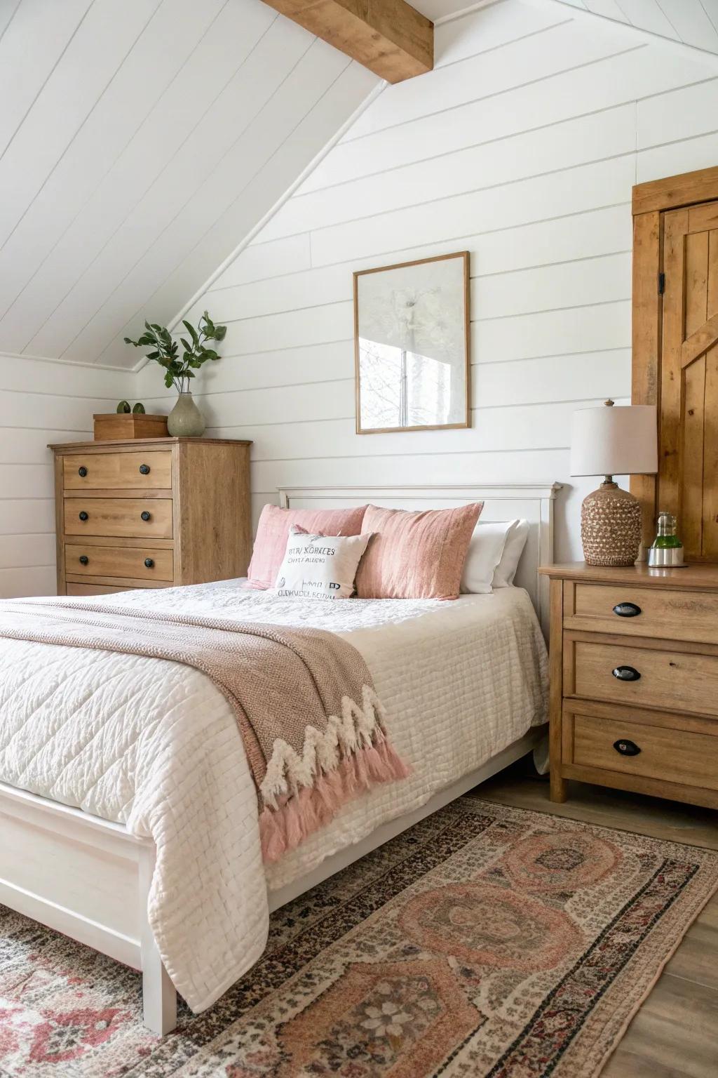 A timeless white shiplap feature wall makes a tranquil bedroom haven.