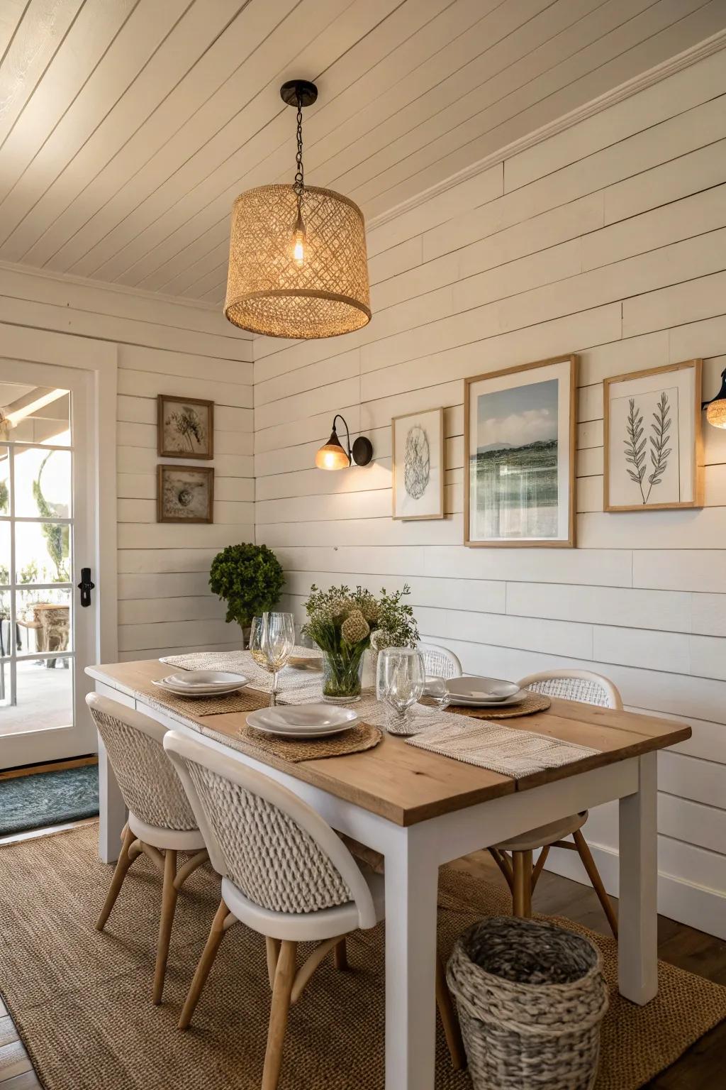 A dining room featuring traditional white shiplap walls and understated decor.