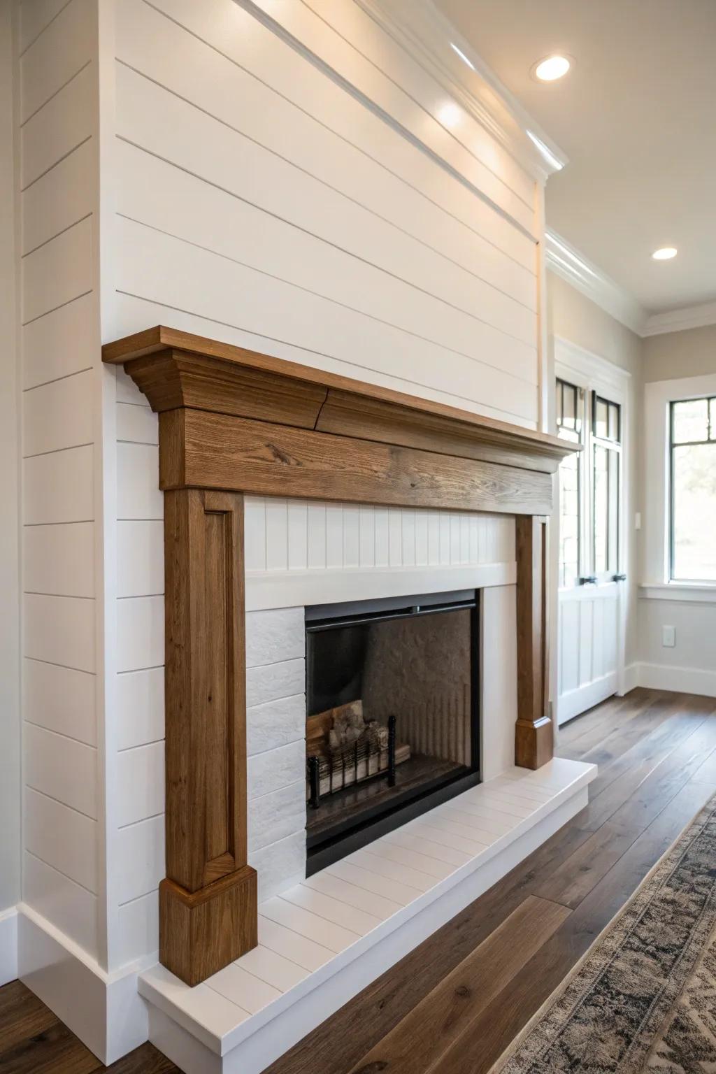 A classic white shiplap fireplace brings an air of elegance and luminosity to any space.