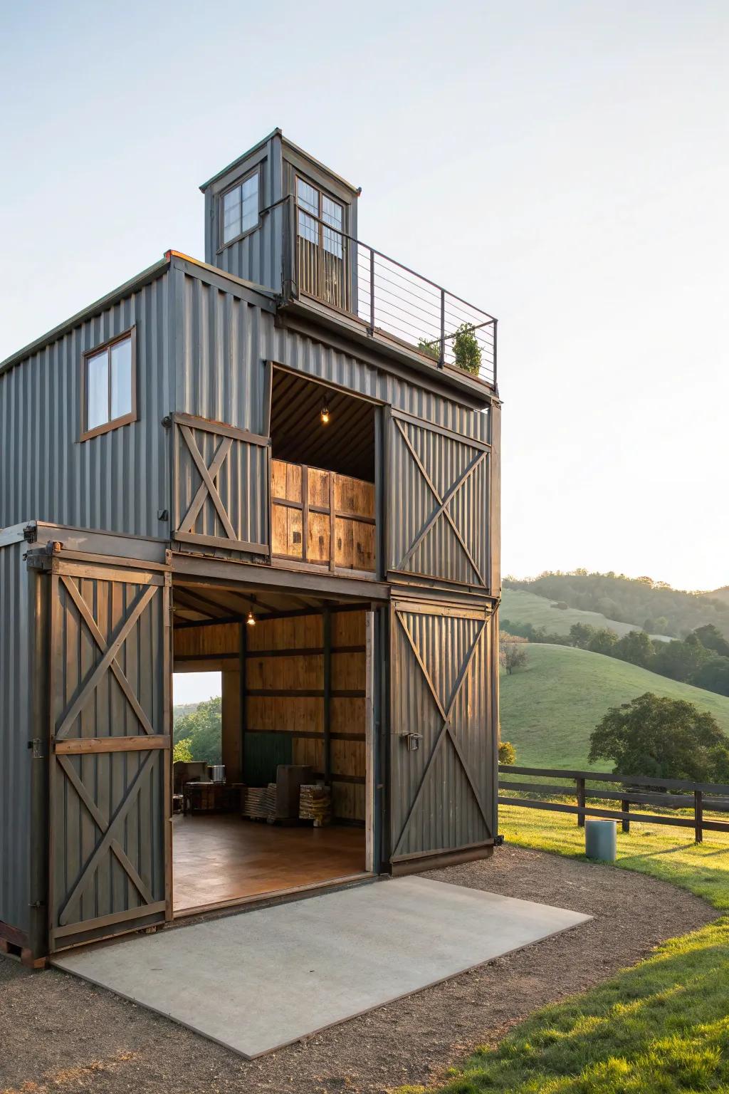 A multi-story shipping container barn showcasing modular design.