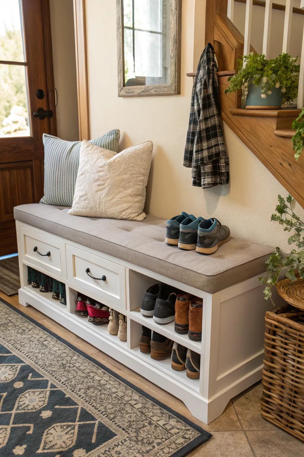 A multipurpose bench closet offers storage and seating.