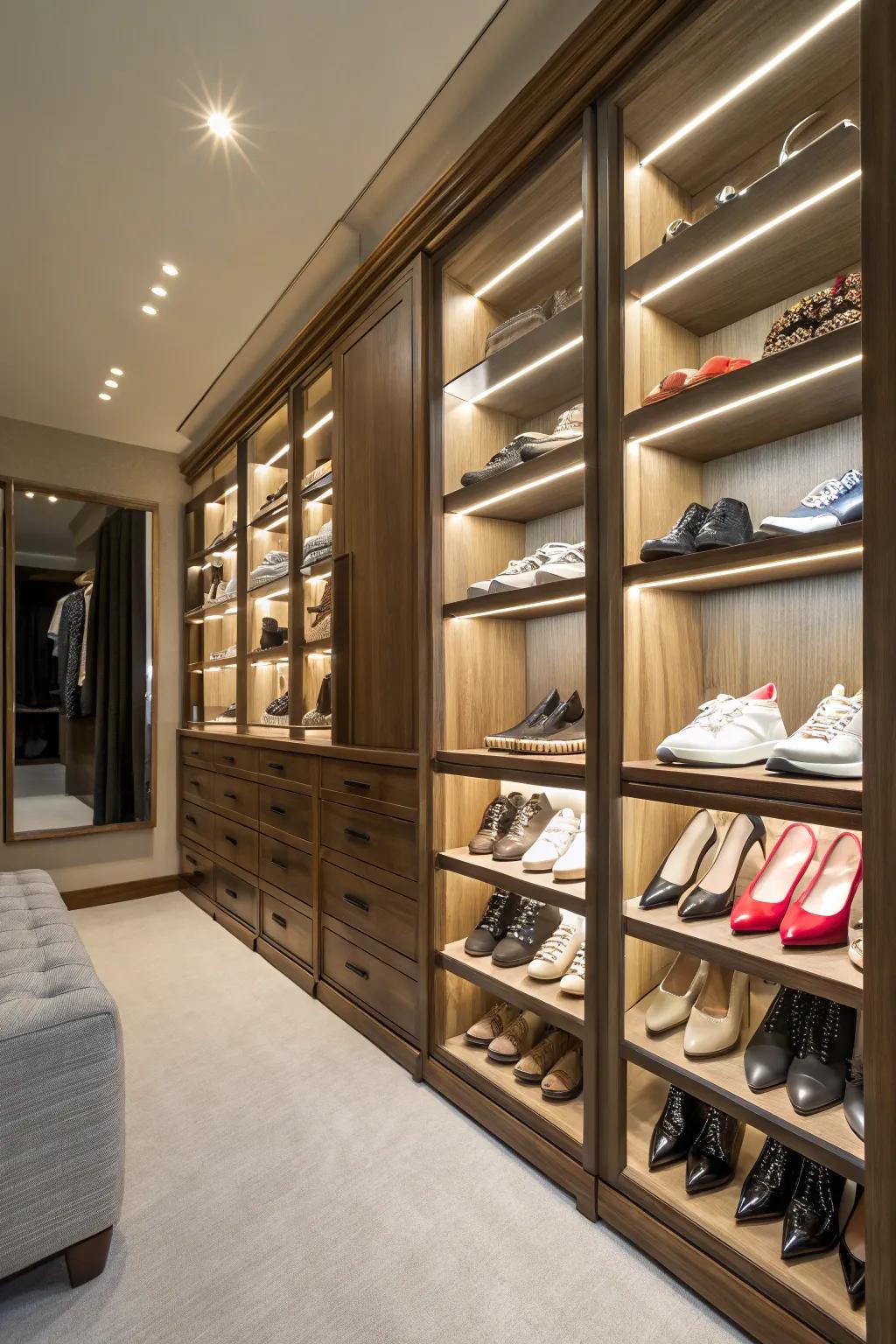 Bespoke closet organizers beautifully showcase your footwear.