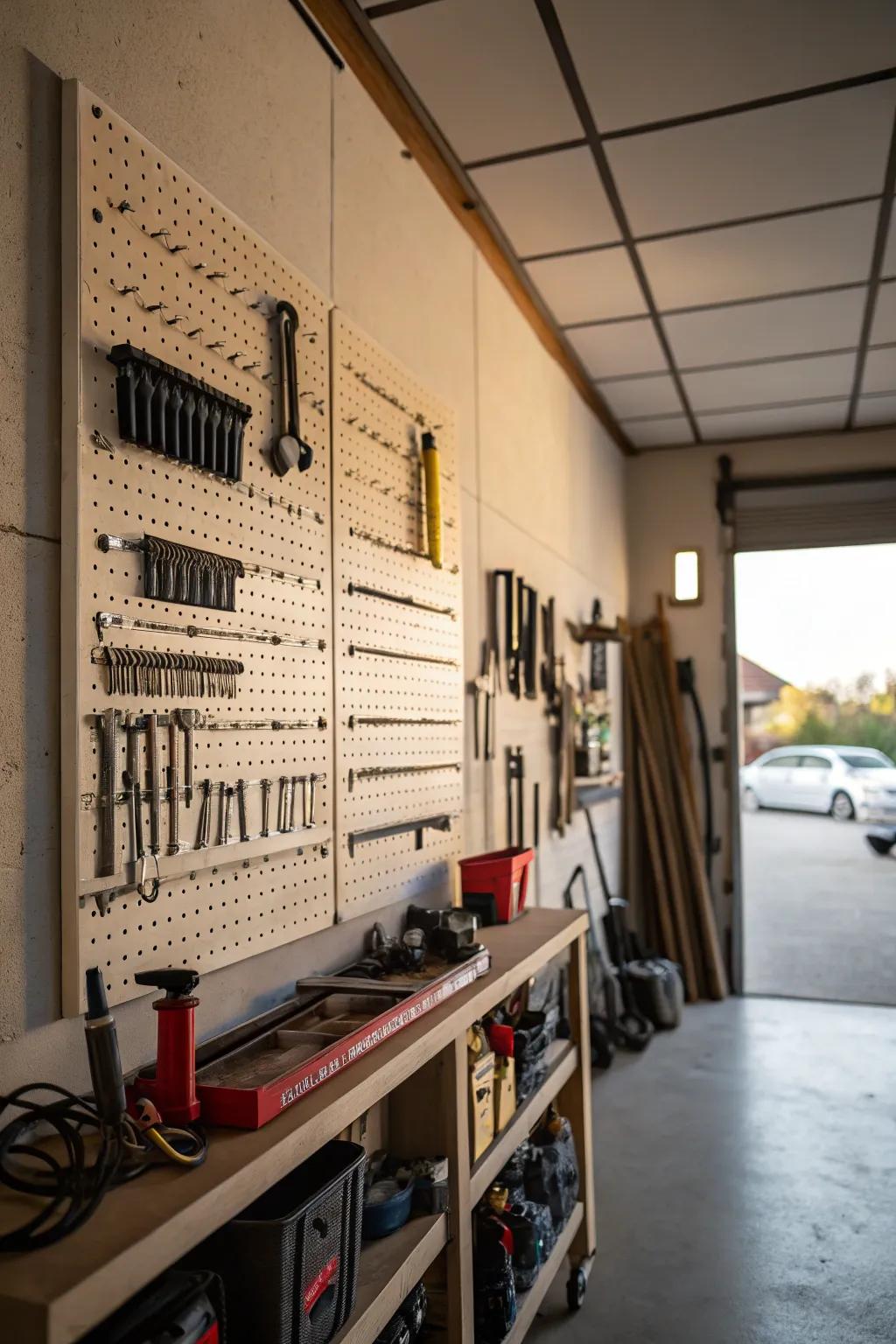 A pegboard wall filled with neatly organized tools.