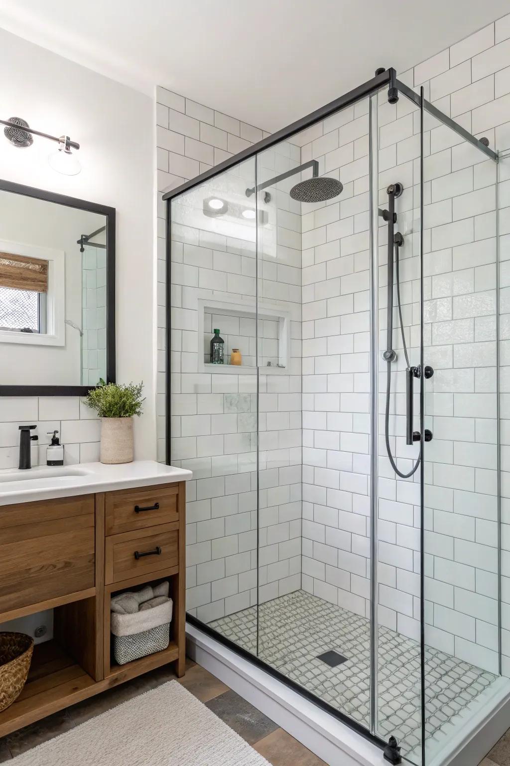 A minimalist, frameless glass shower enhances this up-to-date bathroom.