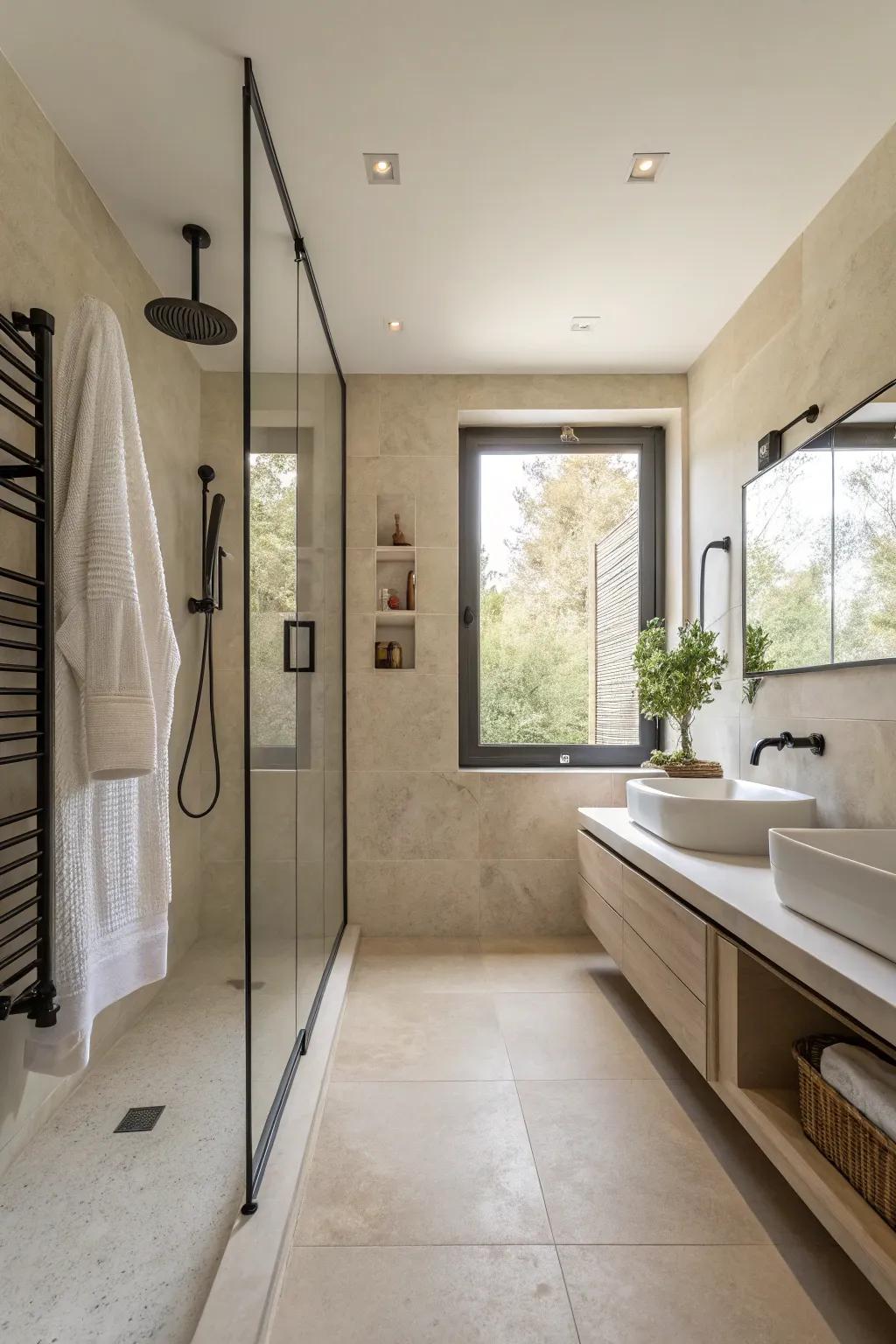 A minimalist washroom showcases sharp lines and a calming color scheme.