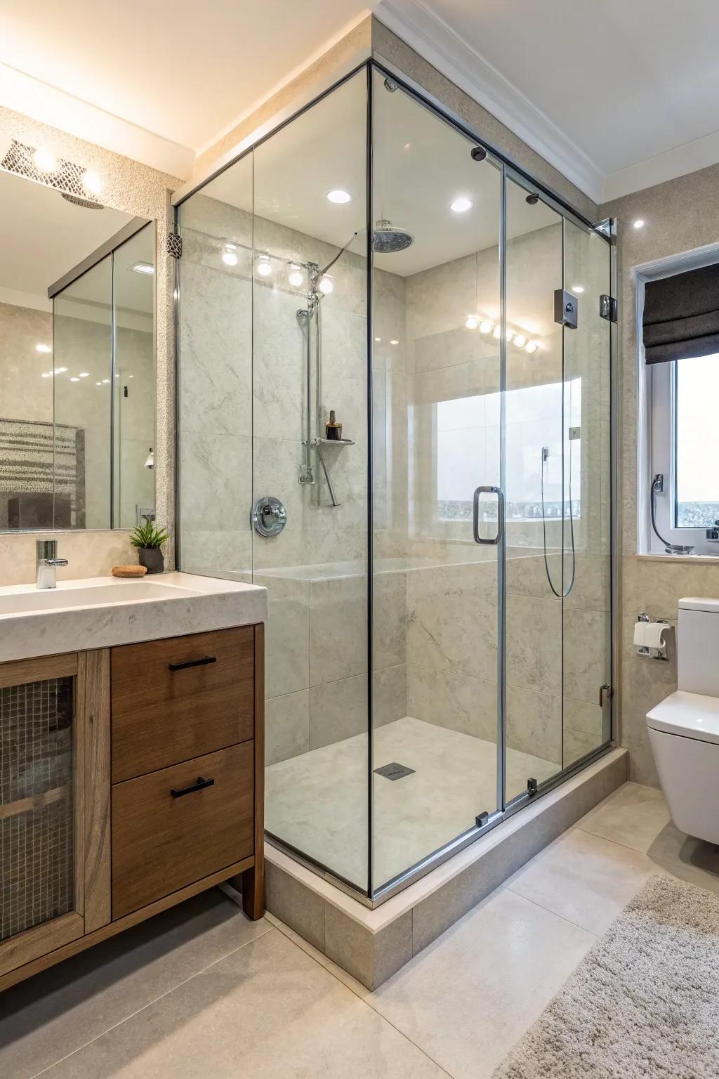 A minimalist shower stall with glass enclosures, enhancing the sense of space within the bathroom.
