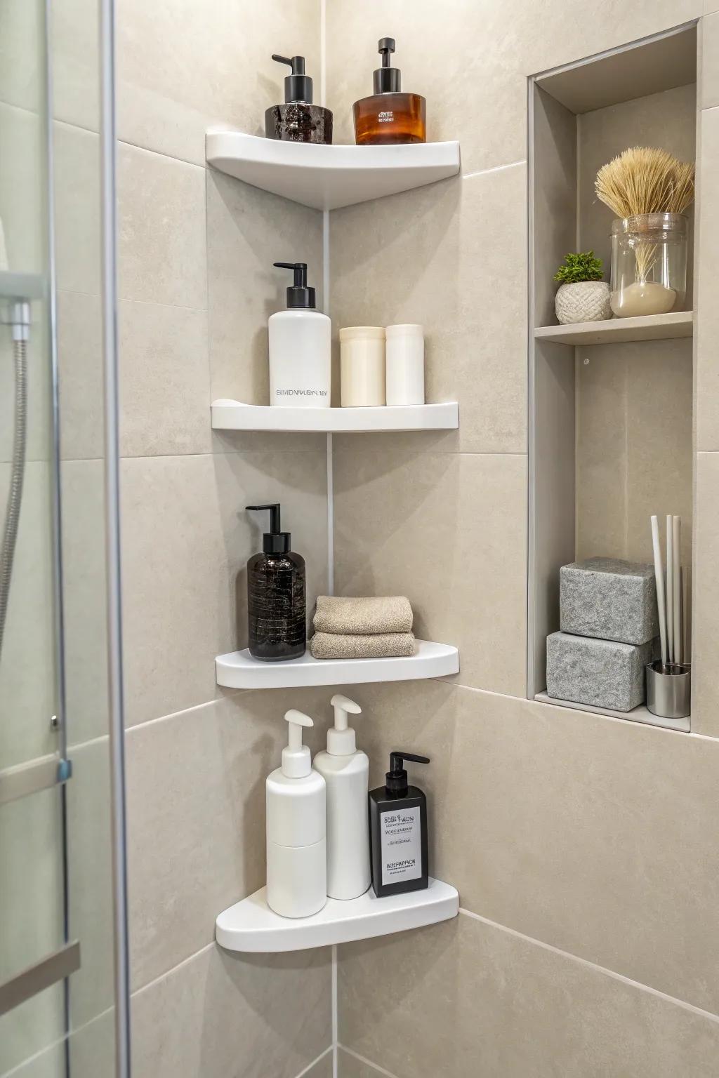 Corner shelves make outstanding utilization of underused shower space.