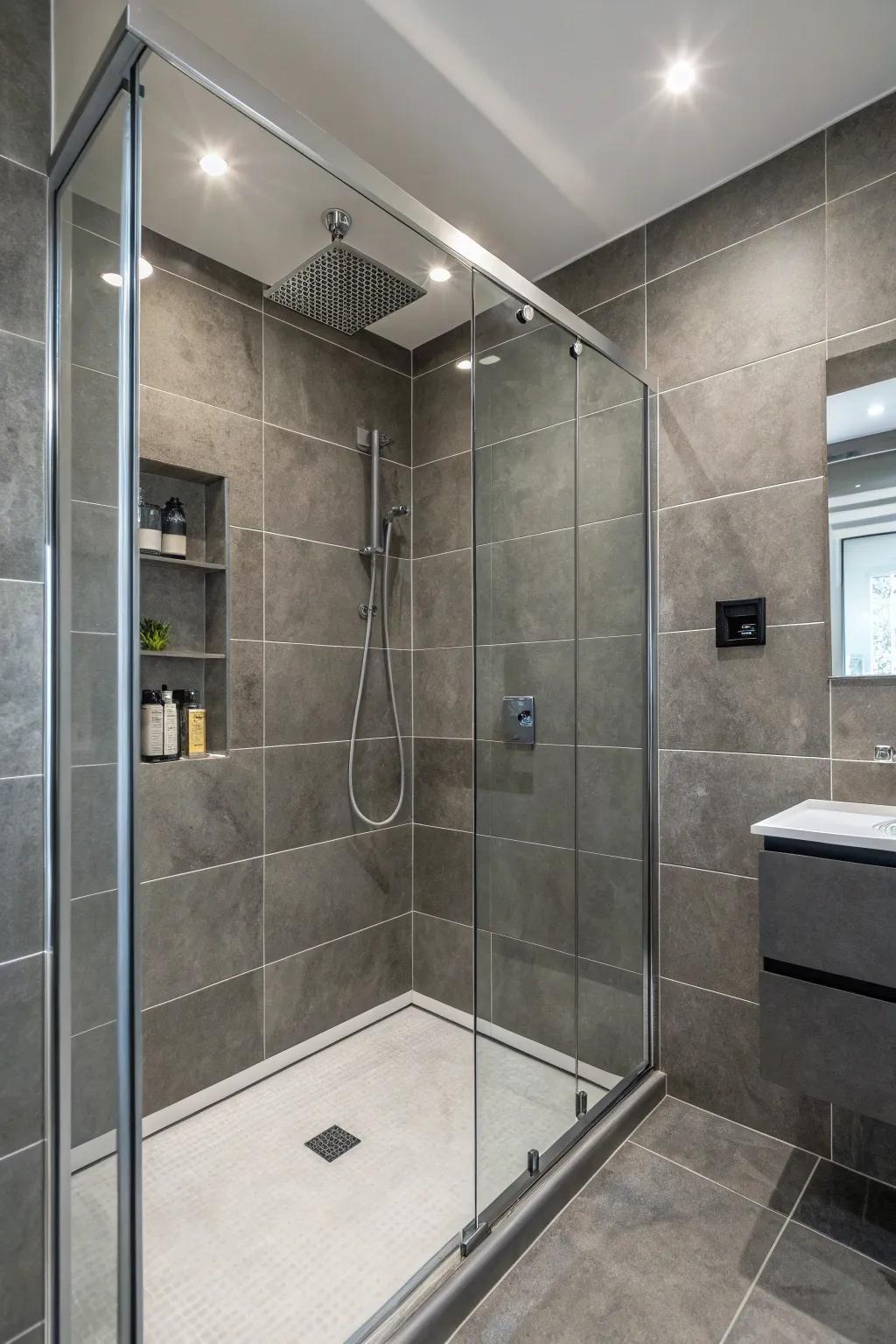 Chic grey tiles evoke a modern shower atmosphere.
