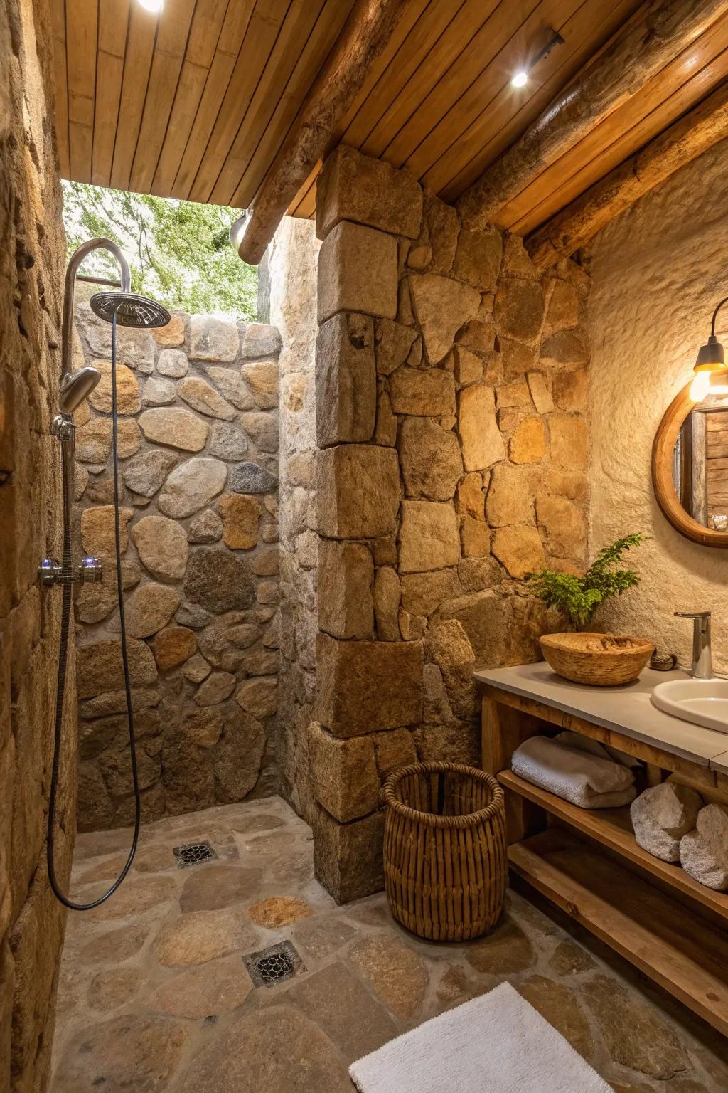 Genuine stone walls introduce a rustic appeal to your shower space.