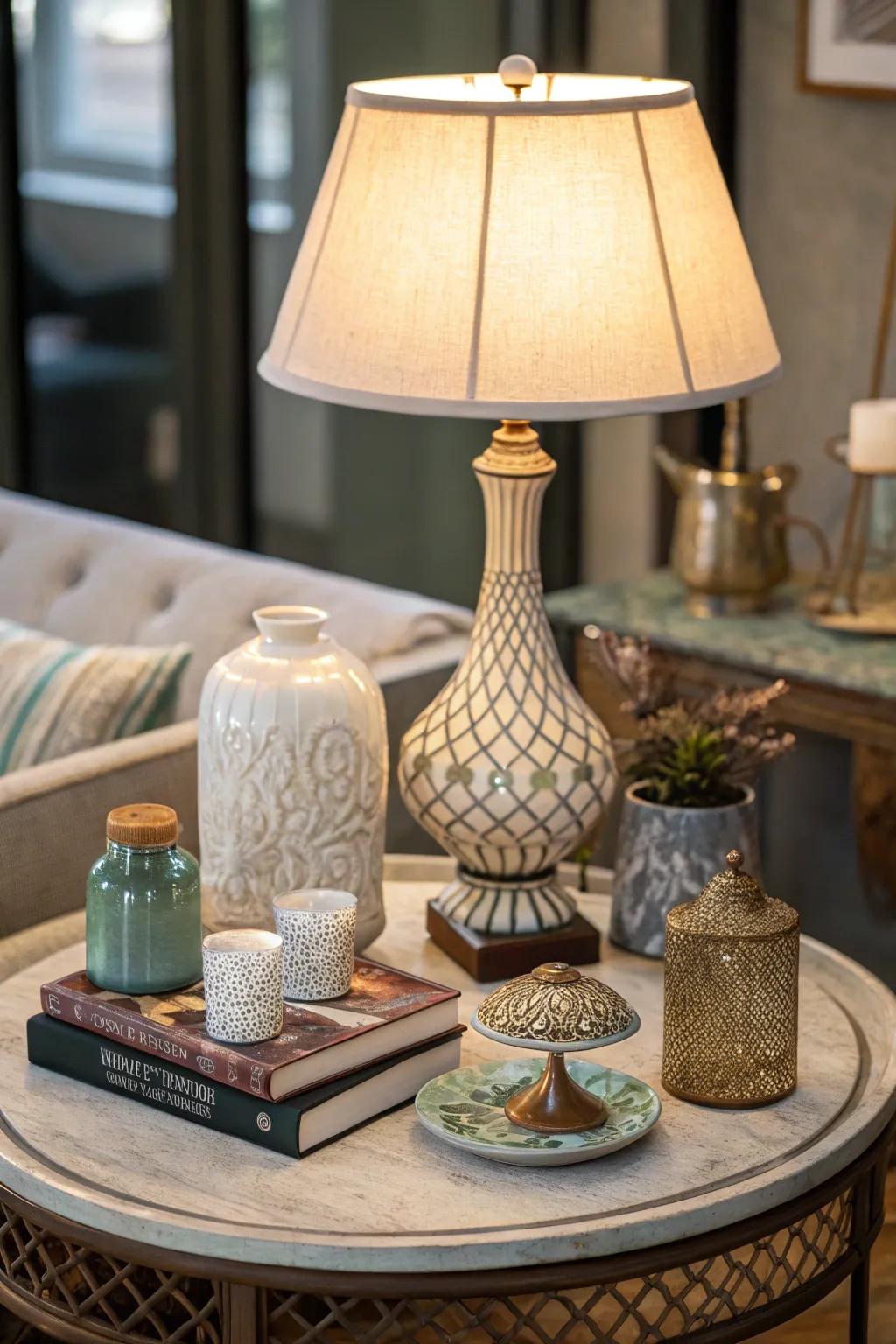 A side table showcasing a unique table lamp and sophisticated decorations.