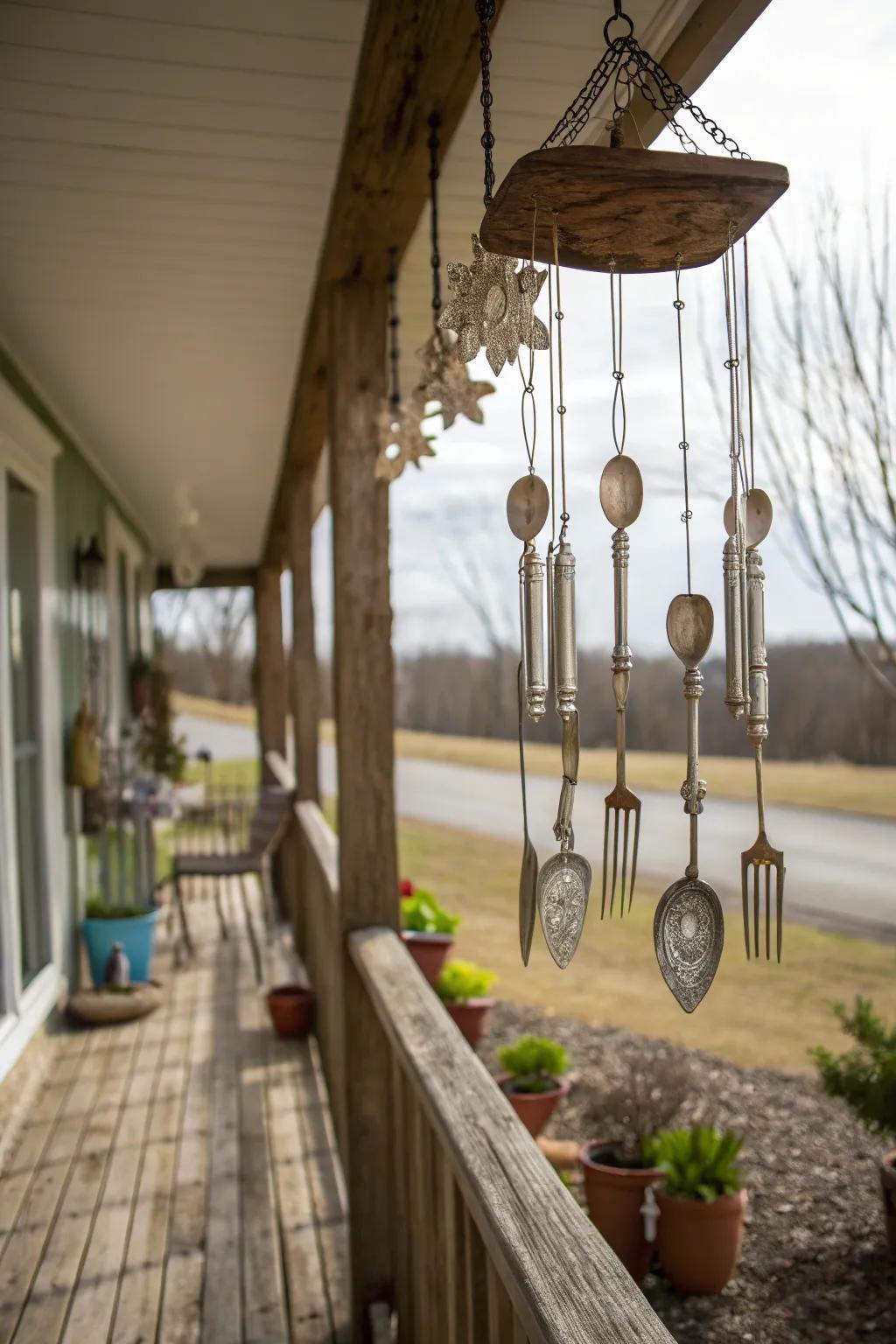 Antique forks and spoons crafting a countryside appeal on an open porch.