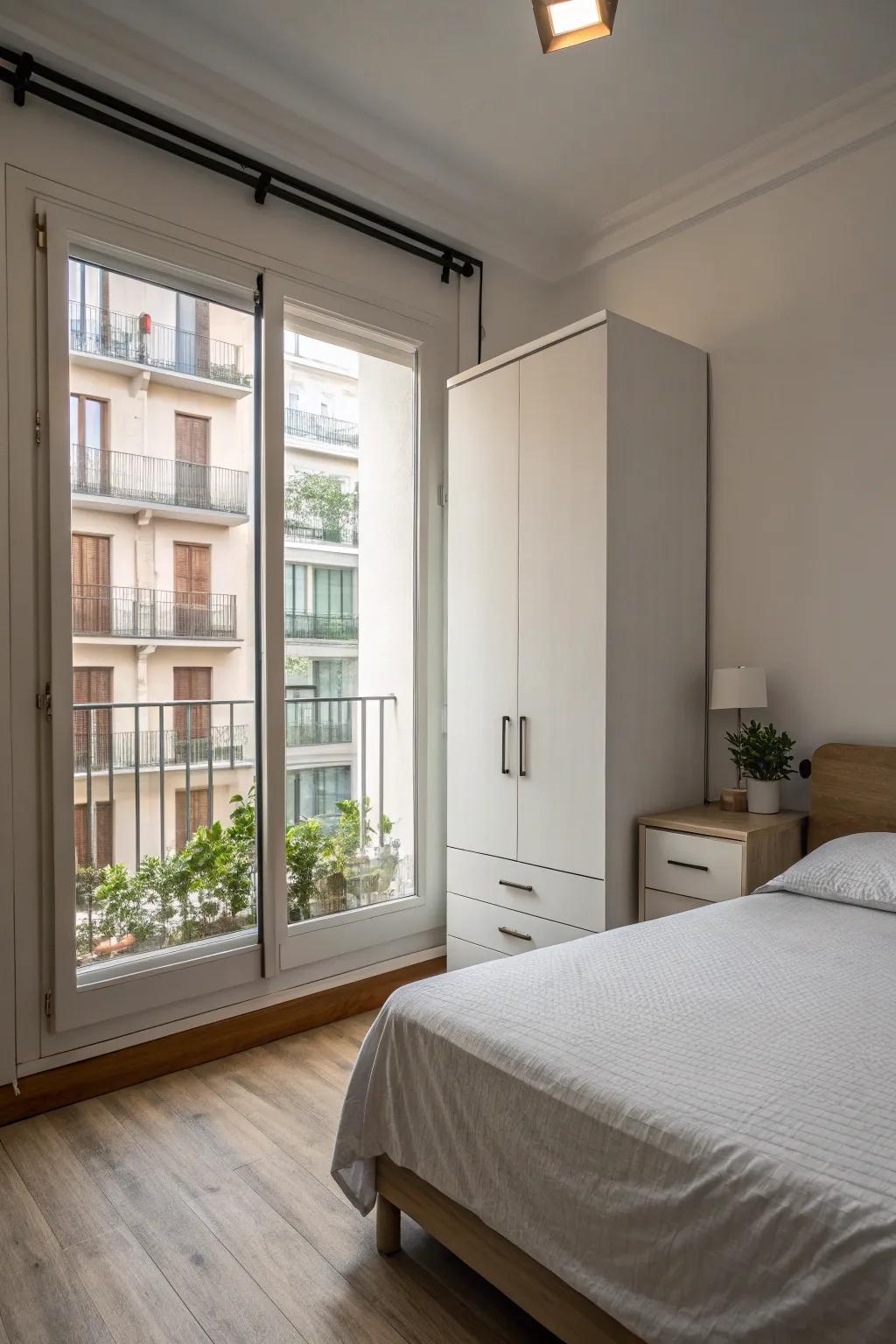 A minimalist bedroom design seamlessly transitions to a tranquil balcony.