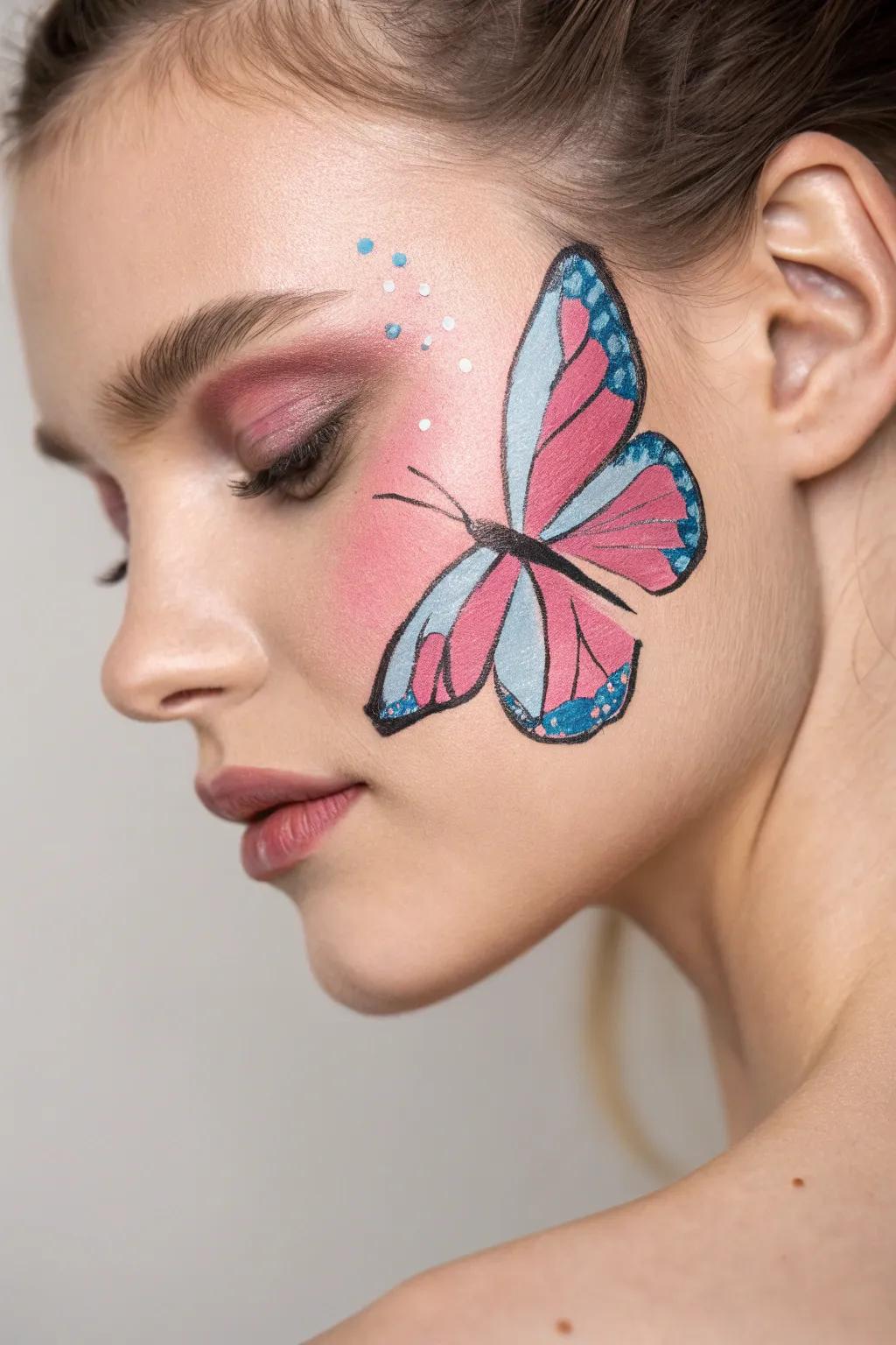 Revel in the understated charm of a classic butterfly face paint&mdash;ideal for infusing any event with a sprinkle of magic.