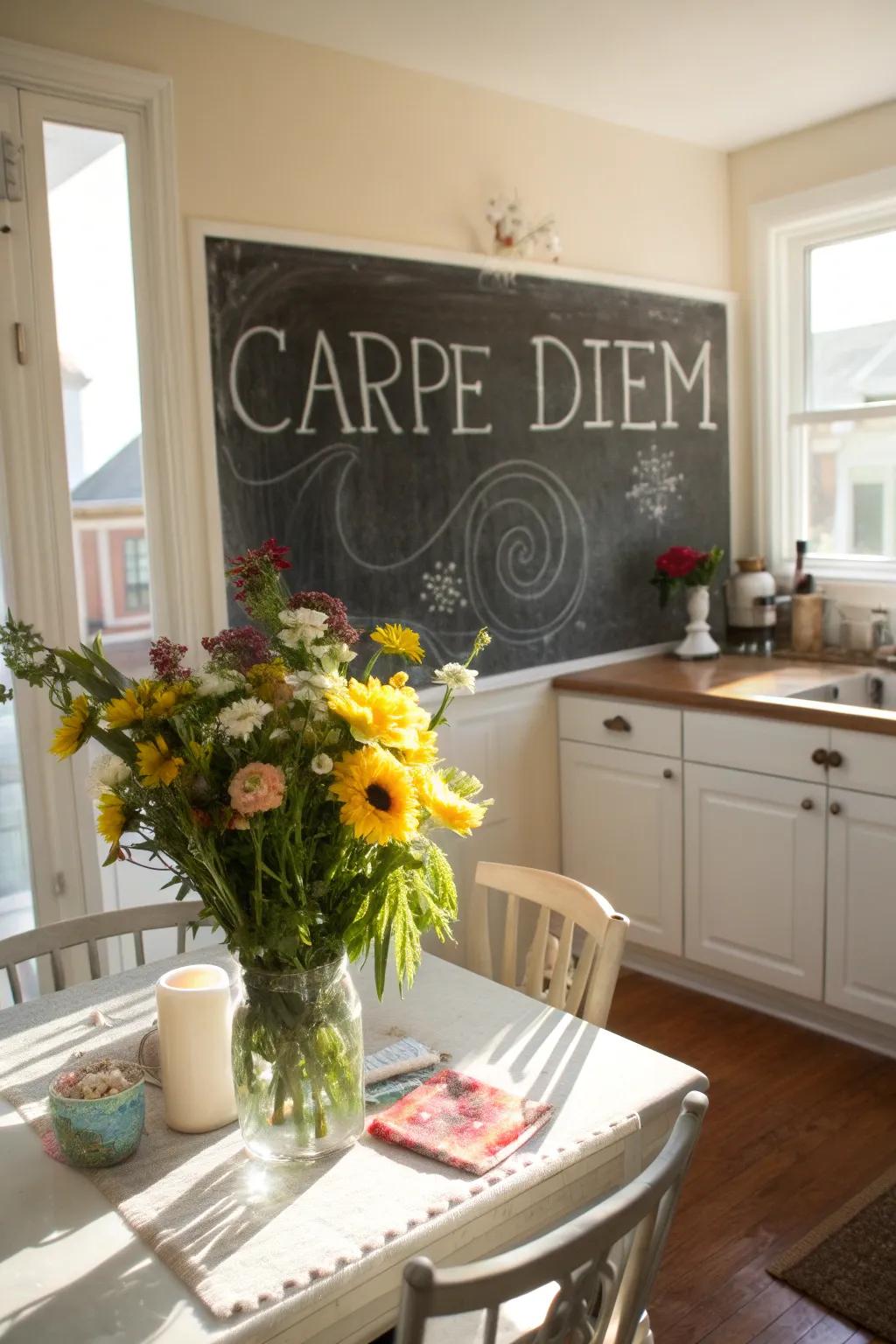 A kitchen slate wall showcasing the inscription 'Carpe Diem'.